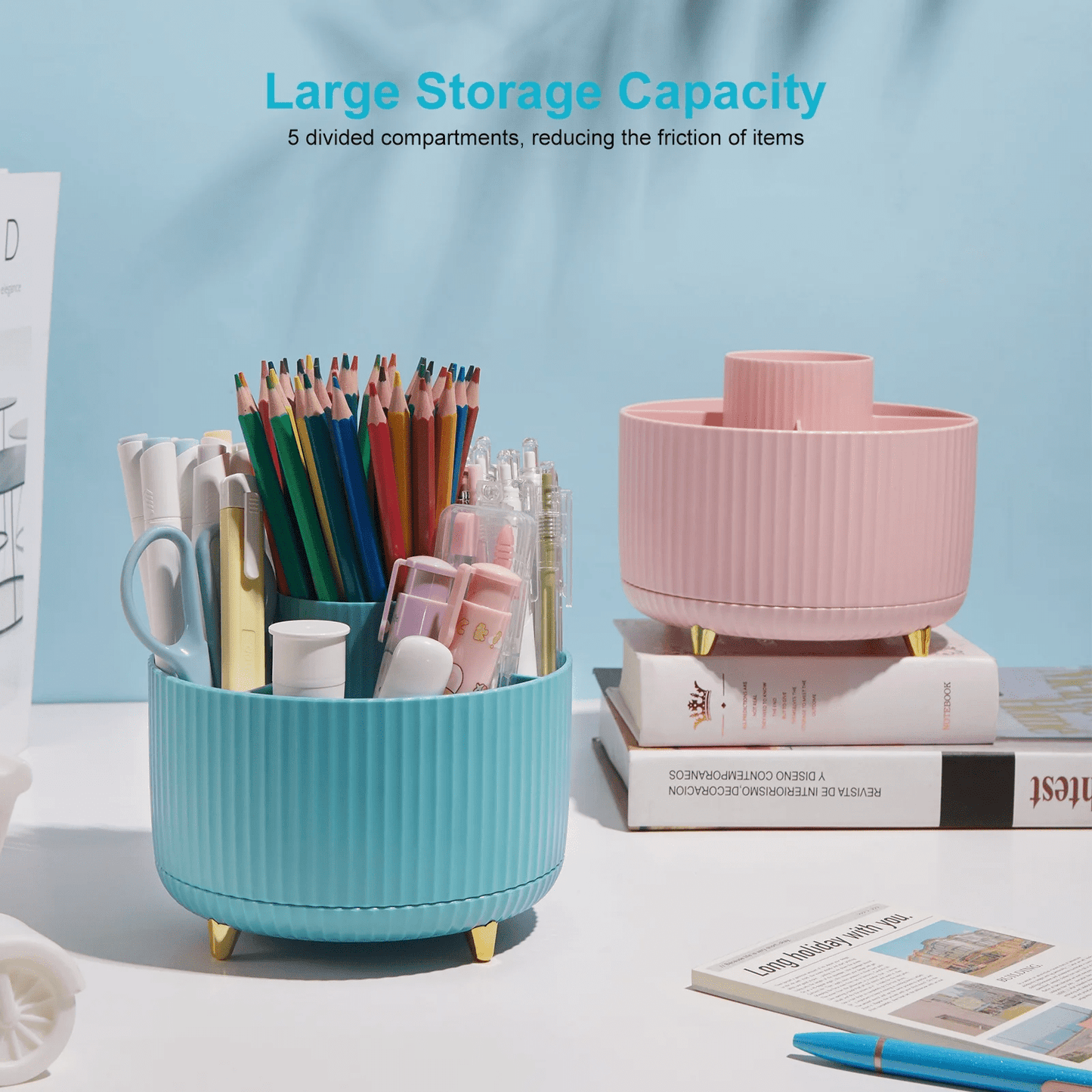 Desk Organizer,360 Rotating Plastic Desk Pen Organizer with 5 Slots,Dual-Purpose Art Supply Pencil Cup for Office,Home(Blue)