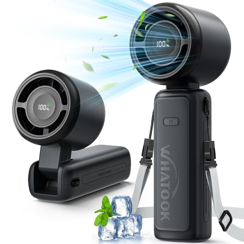 Henotian Portable Handheld Turbo Fan, 4000mAh Rechargeable Personal Fan with LED Display, 5 Speeds, Up to 12H Runtime, 180° Foldable Desk and Neck Fan for Travel, Makeup, Beach