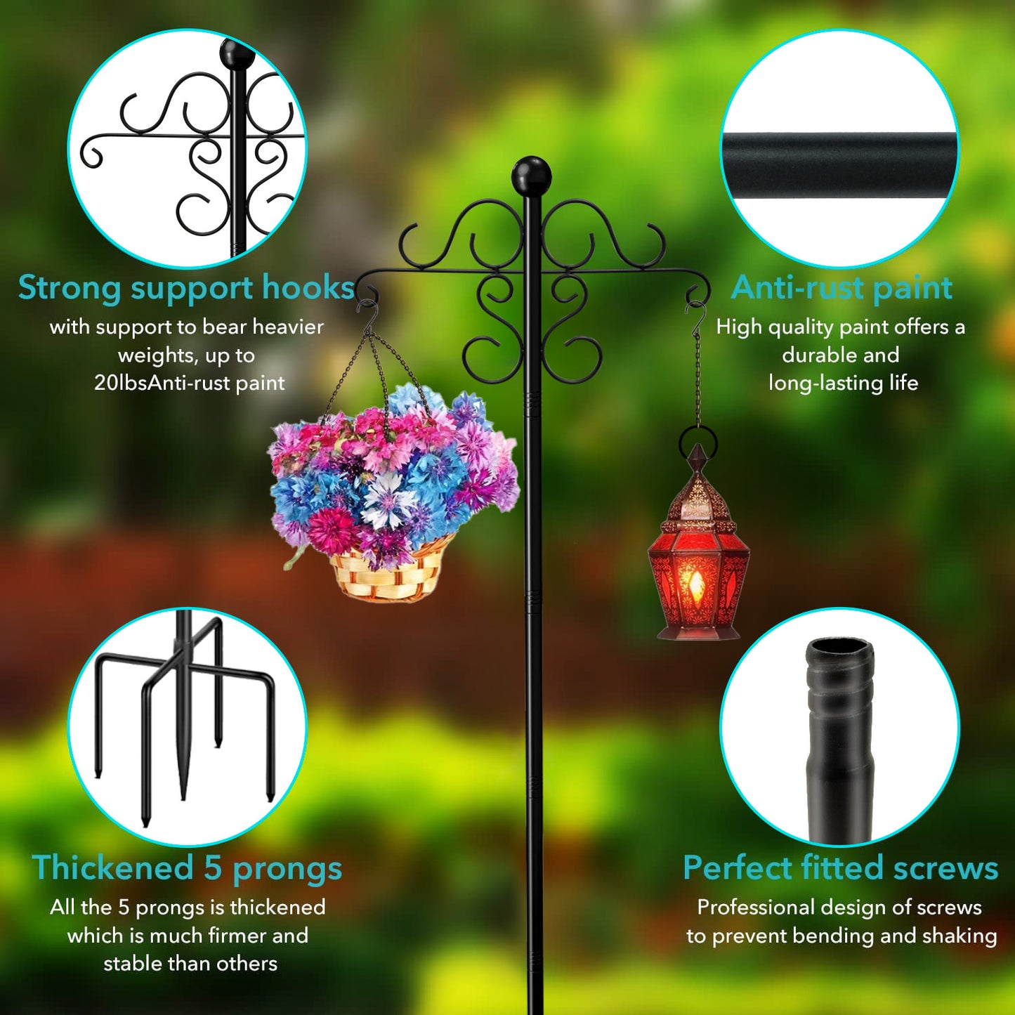92 Inch Shepherds Hooks for Outdoor, Thickened Bird Feeder Poles with 5 Prongs for Hanging Plant Baskets, Lanterns, Wedding Decor