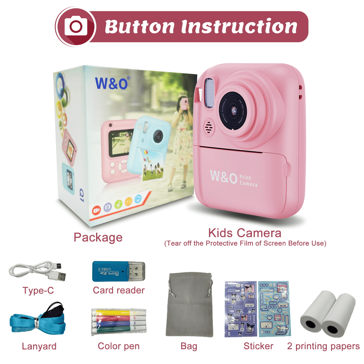 Kids Camera,Toddler Camera Instant Print Toys,1080P Children Printable Camera,Pink Selfie Camera Christmas Birthday Gifts for Girls Boys Age 3-10 with 3 Roller Photo Paper (Pink)