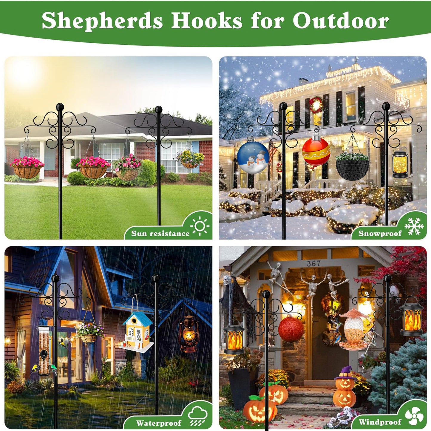 92 Inch Shepherds Hooks for Outdoor, Thickened Bird Feeder Poles with 5 Prongs for Hanging Plant Baskets, Lanterns, Wedding Decor