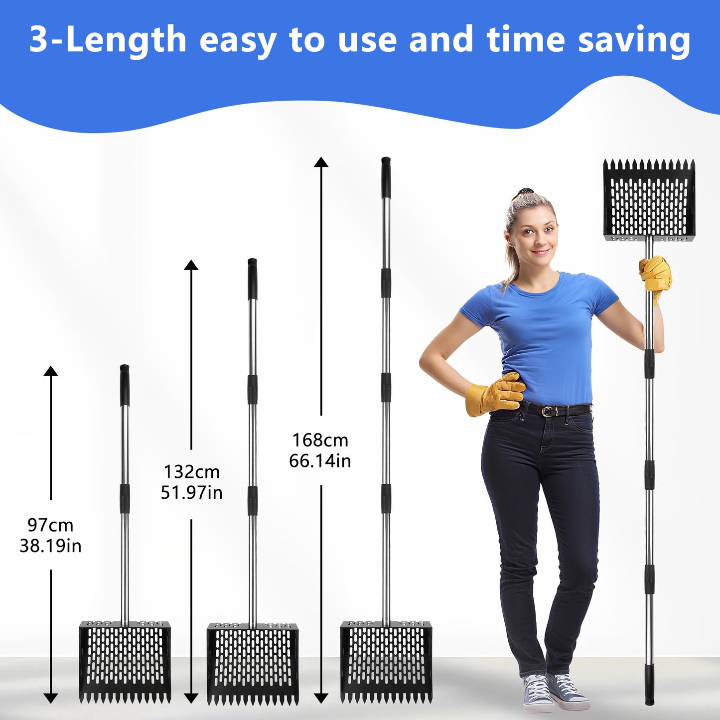 Metal Chicken Poop Scooper, 24 to 68" Long Chicken Coop Litter Scoop with Stainless Steel Handle, 4 in 1 Multifunctional Heavy Duty Litter Sifting Shovel Chicken Coop Accessories