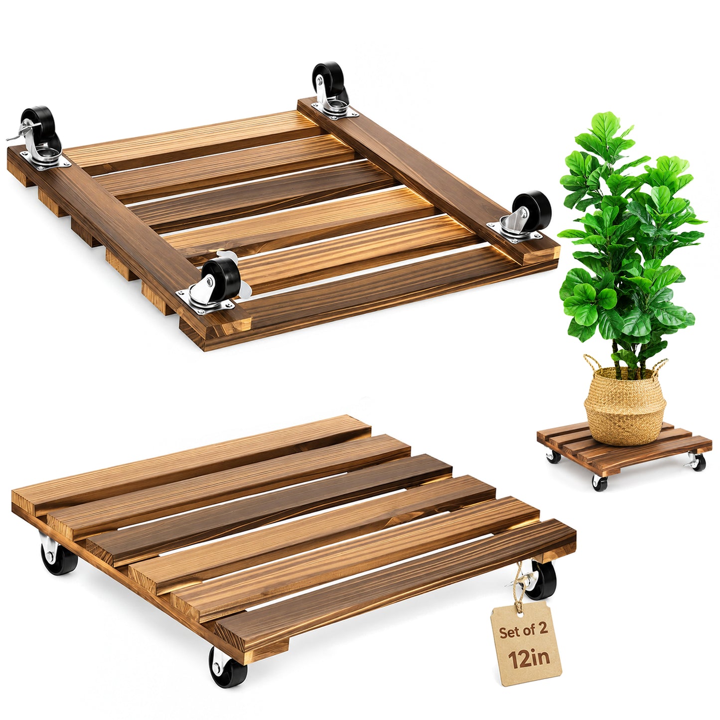 2-Pack Plant Caddy 12 Inch Square Rolling Plant Stand Wood Plant Dolly with Wheels, 200 lb Capacity, Indoor Outdoor for Large Potted Plants Heavy Duty Plant Roller