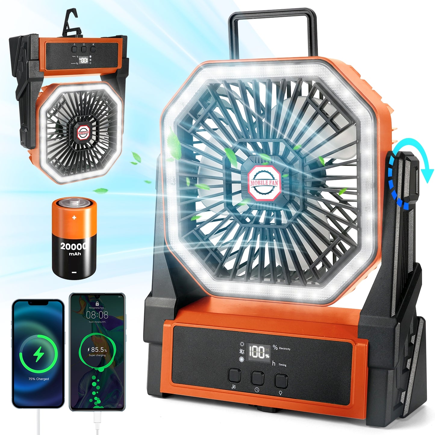 Henotian Camping Fan,Portable Fan for Travel, 20000mAh Rechargeable Desk fan, Battery Operated Fan with Hanging Hook for Tent,Office,Travel,Fishing,Picnic