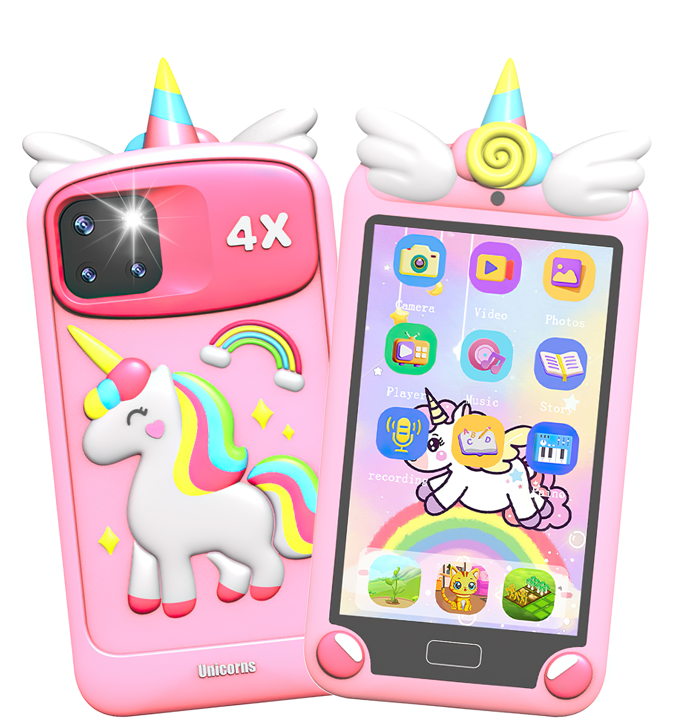 Hoofun Kids Smart Phone for Girls with 4.0" Large Touchscreen, 32G Card Christmas Birthday Gifts for Age 3-10 Kid Toys Cell Phone with Holographic Pyramid, Dual Lens, Music Player Pink