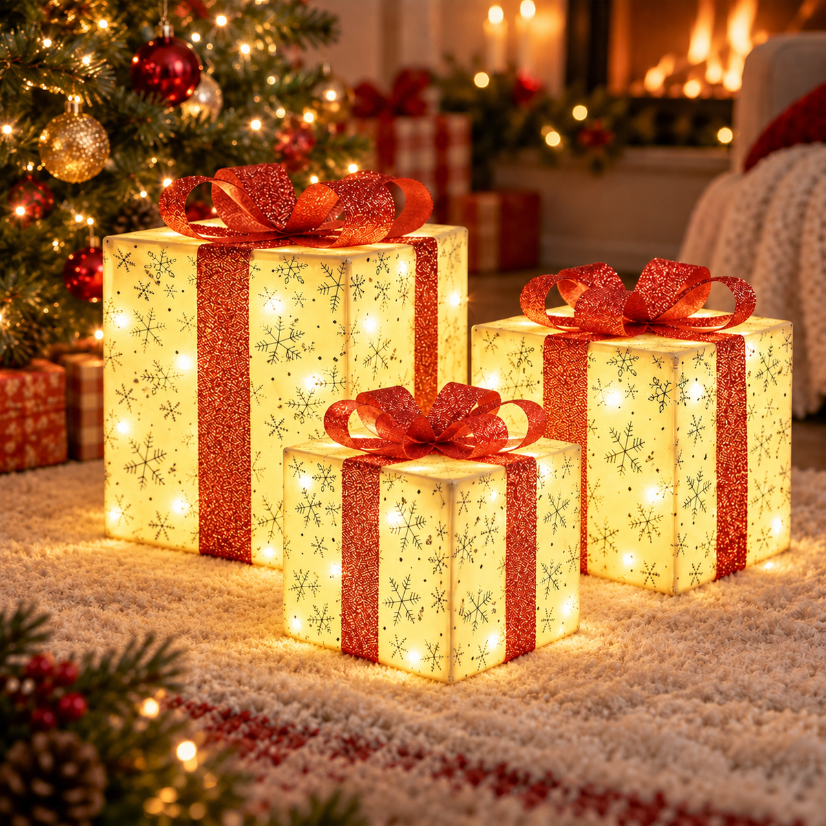Henotian Christmas Lighted Gift Boxes Set of 3 - 50 LED Light Up Holiday Decor with Warm White Lights, Battery Operated Gift Boxes for Indoor Outdoor Xmas Tree Porch Decor