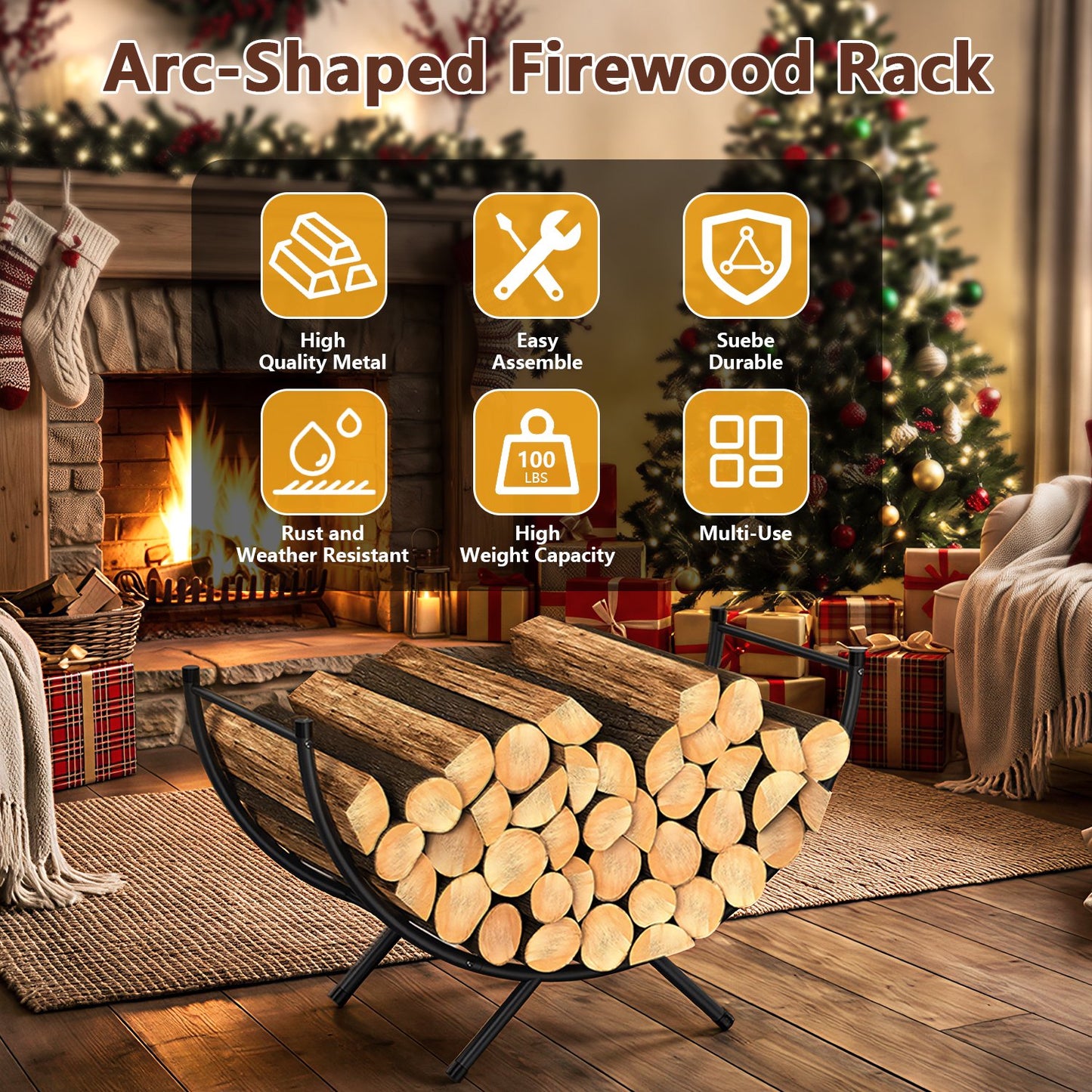 Teblint Curved Firewood Rack, 33in Powder-coated Metal Fireplace Log Holder for Firewood Storage, Ideal for Indoor and Outdoor Fireplaces Wood Storage, Black