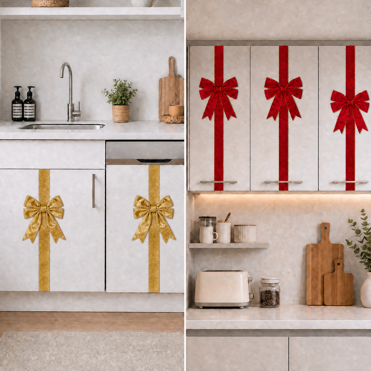 PUCACHI 6 Pcs Christmas Cabinet Door Bows,8x40 Inches Festive Ribbons Large Door Ribbon Party Decorations,for Cabinets Furniture and Kitchen Christmas Party Decorations(Red)