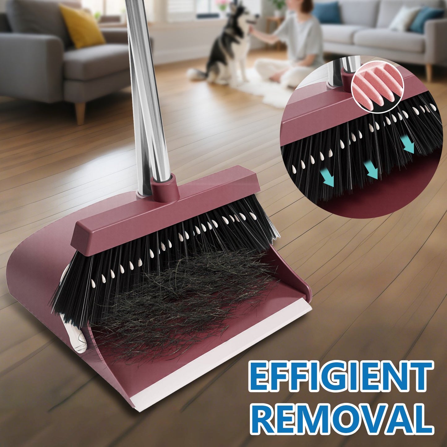 Broom and Dustpan Set with Self-Cleaning Teeth, Adjustable 51.2-inch Handle, Upright Dustpan, Durable Bristles – Purple Cleaning Kit for Home, Kitchen, Office & Pet Hair
