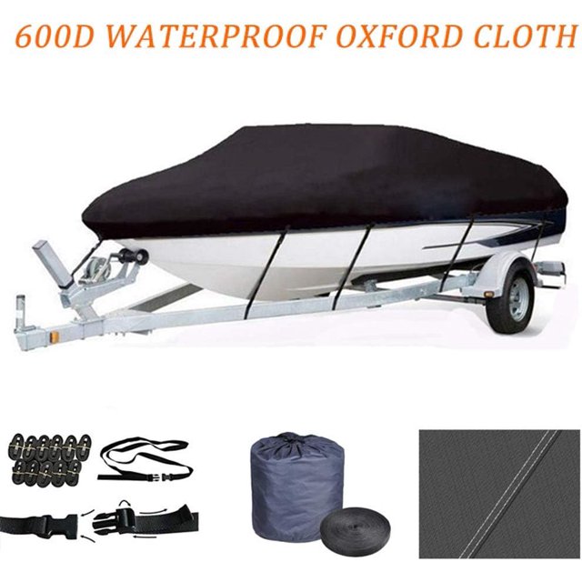 Teblint Waterproof Boat Cover, 17-19ft Trailerable Boat Cover, 420D Heavy Duty Oxford Mooring Cover for V-Hull Boat Runabouts with 5 Straps, Storage Bag (Black)