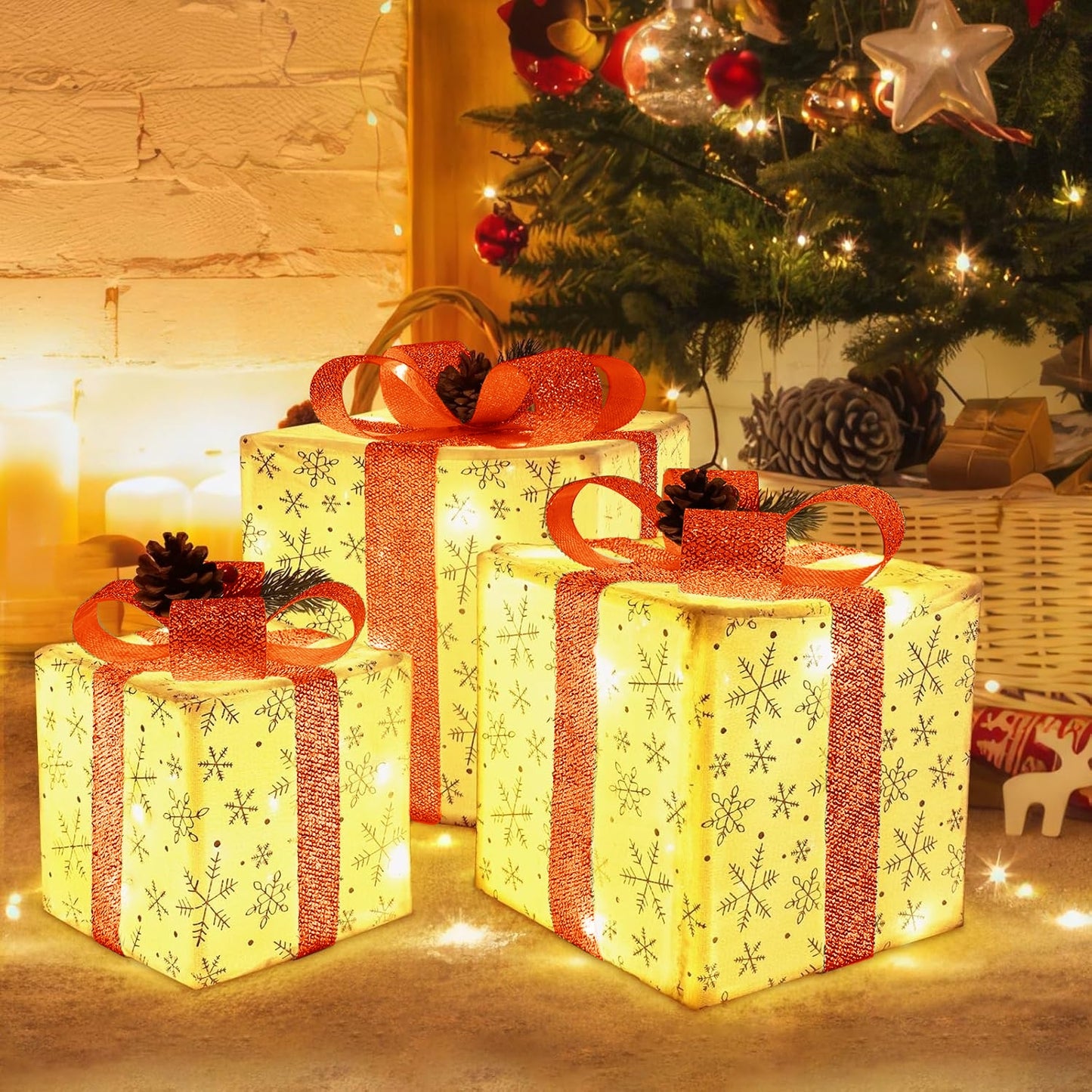 Christmas Lighted Gift Boxes Set of 3 - 50 LED Light Up Holiday Decor with Warm White Lights, Battery Operated Gift Boxes for Indoor Outdoor Xmas Tree Porch Decor