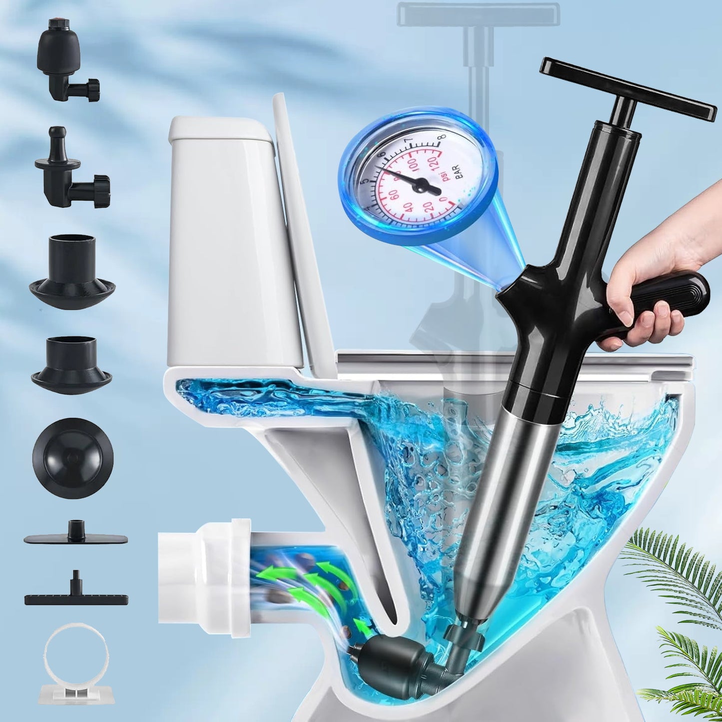 Teblint High Pressure Air Toilet Plunger, Stainless Steel Drain Clog Remover Tool for Toilets, Sinks, Shower Drains - Easy to Use, Durable, Non-Slip ABS Handle