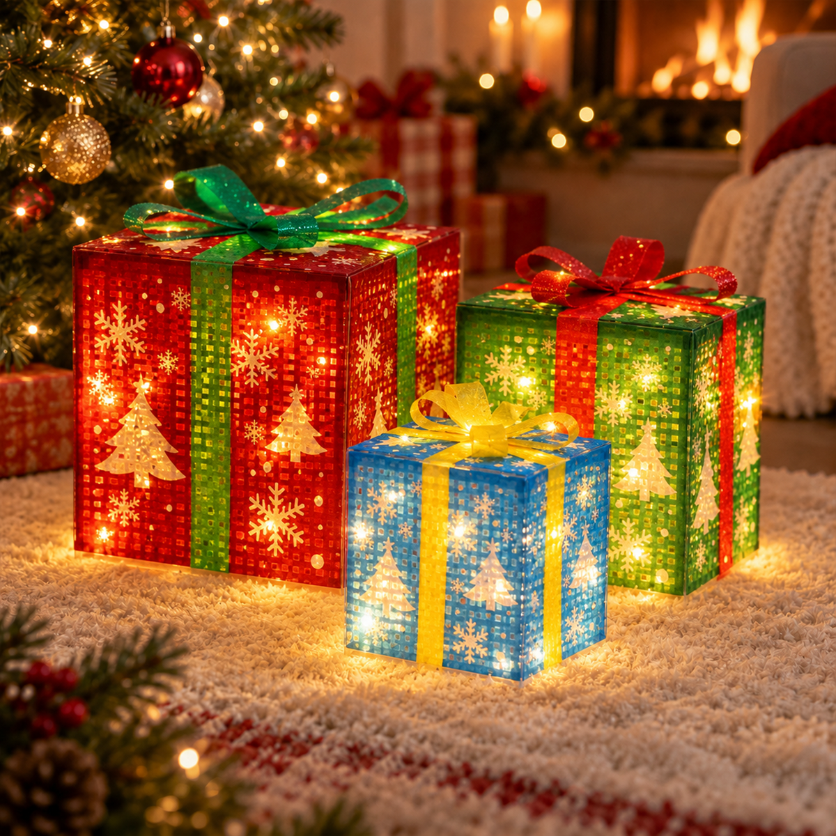 Henotian Christmas Lighted Gift Boxes Set of 3, Battery Operated Pre-Lit Present Boxes with Warm White LED Lights and Red Bows, Clear Holiday Decorations for Indoor Outdoor Porch Tree