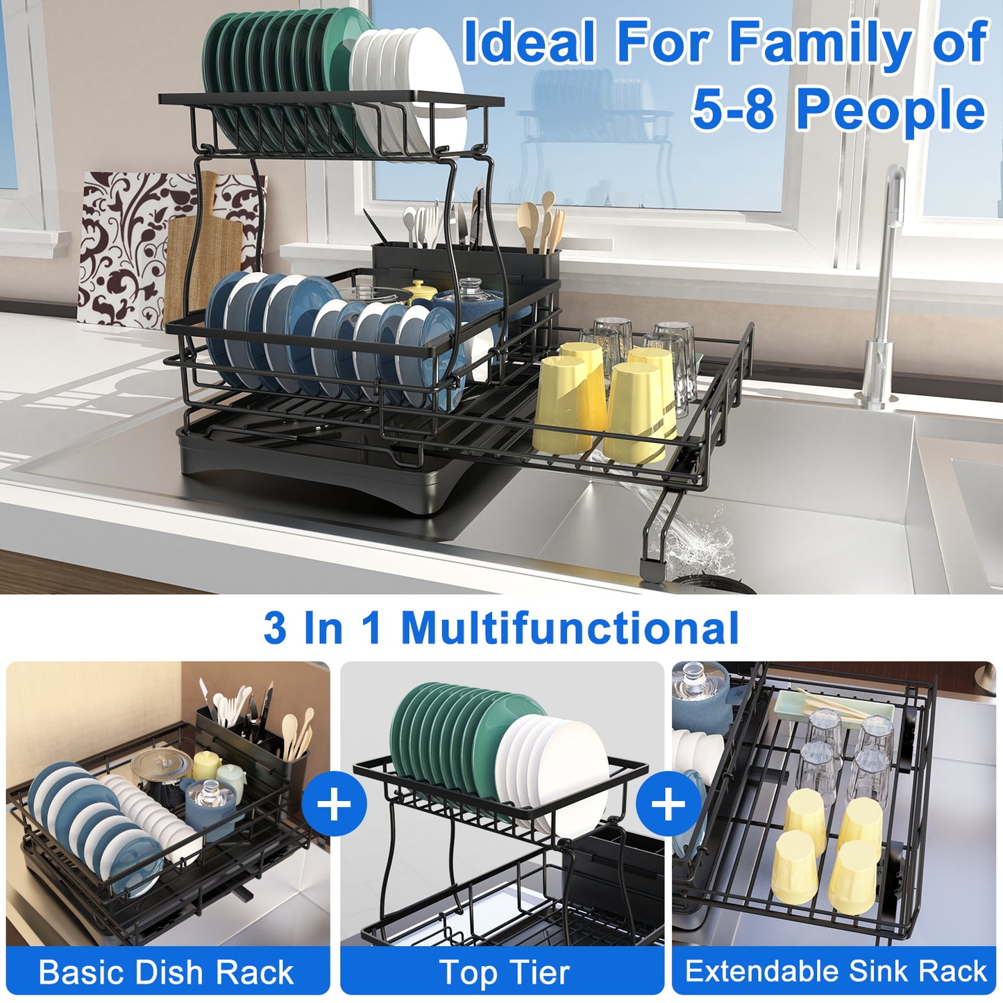 Teblint 2 Tier Dish Racks for Kitchen Counter, Expandable Dish Drying Rack with Dish Drainer, Detachable Dish Dryer for Kitchen Organizer, Rust-Resistant Dish Rack Drain Set with Utensil Holder