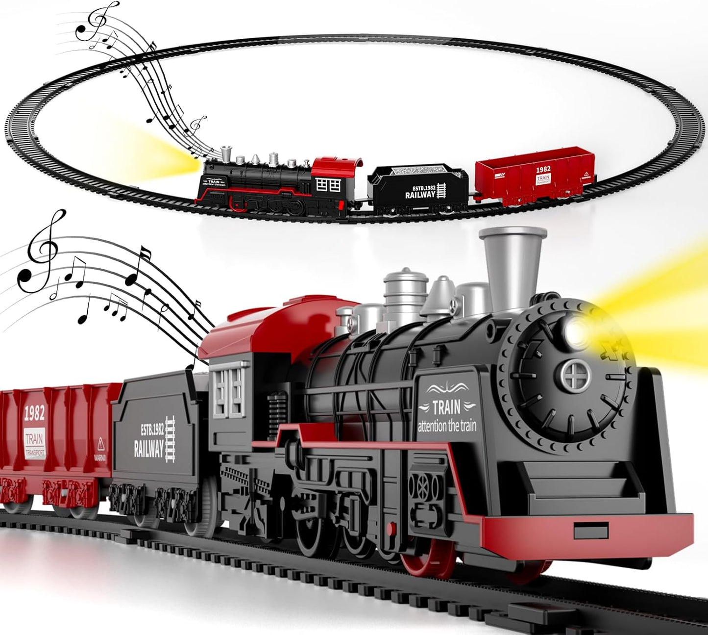 Teblint Classic Model Train Set w/ Light & Sound, Christmas Train Toy with Locomotive, Cargo Cars & Tracks, Birthday Gift for Boys and Girls
