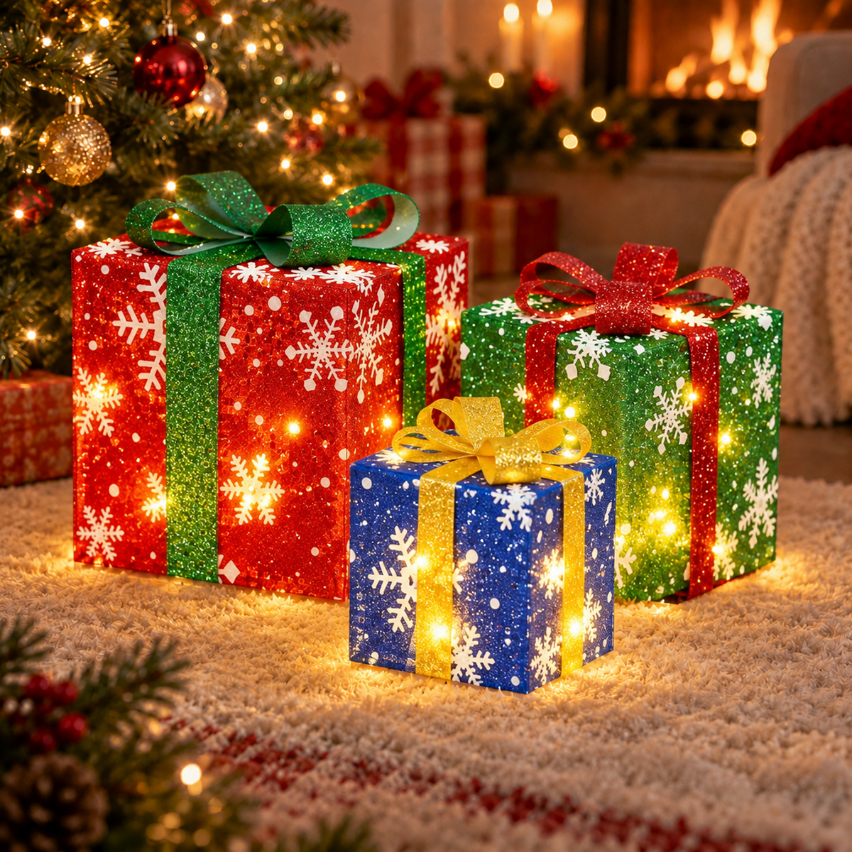 Henotian Christmas Lighted Gift Boxes Set of 3, 50 Warm White LED Battery Operated Present Boxes with Snowflake Design, Yellow Green Blue Holiday Decor