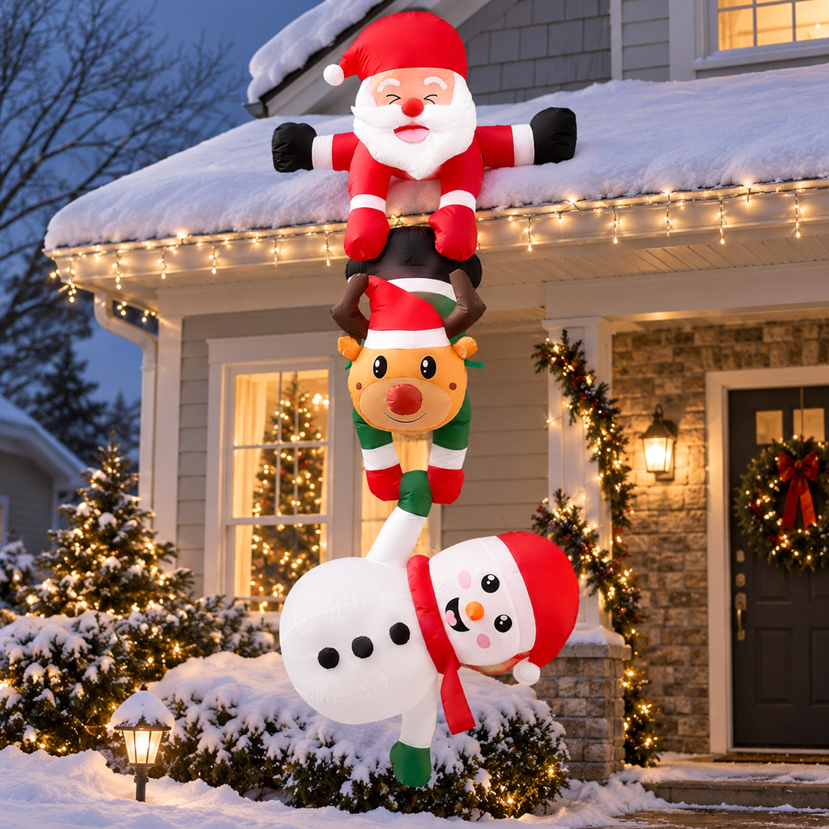 8FT Hanging Christmas Inflatables Outdoor Decorations Santa, Reindeer Snowman, Climbing Santa Christmas Blow Ups Roof Decor with LED Lights, Xmas Outside Indoor Yard Decorations