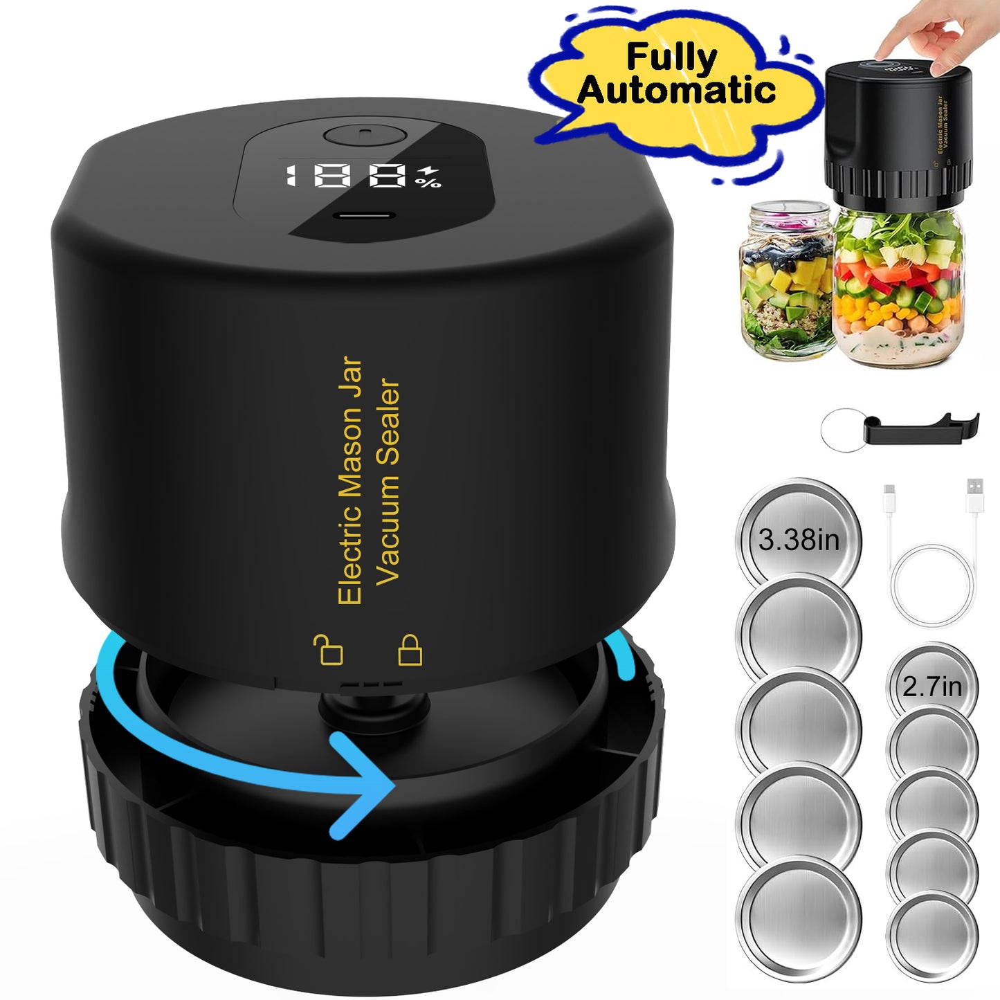 Henotian Fully Automatic Mason Jar Sealer,1-Button Operation for Food Storage Fermentation (10 Lids Included) 50% Faster than Manual Sealers