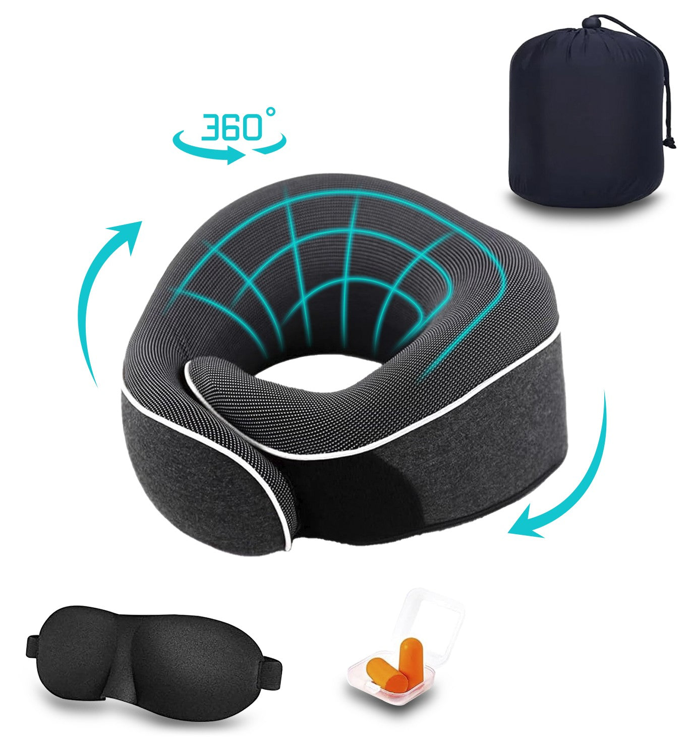 Merryhome Travel Pillow, Memory Foam Travel Neck Pillow, Adjustable 360° Ergonomic Support Function for Travel with Pillow, Mask, Earplugs, Storage Bag