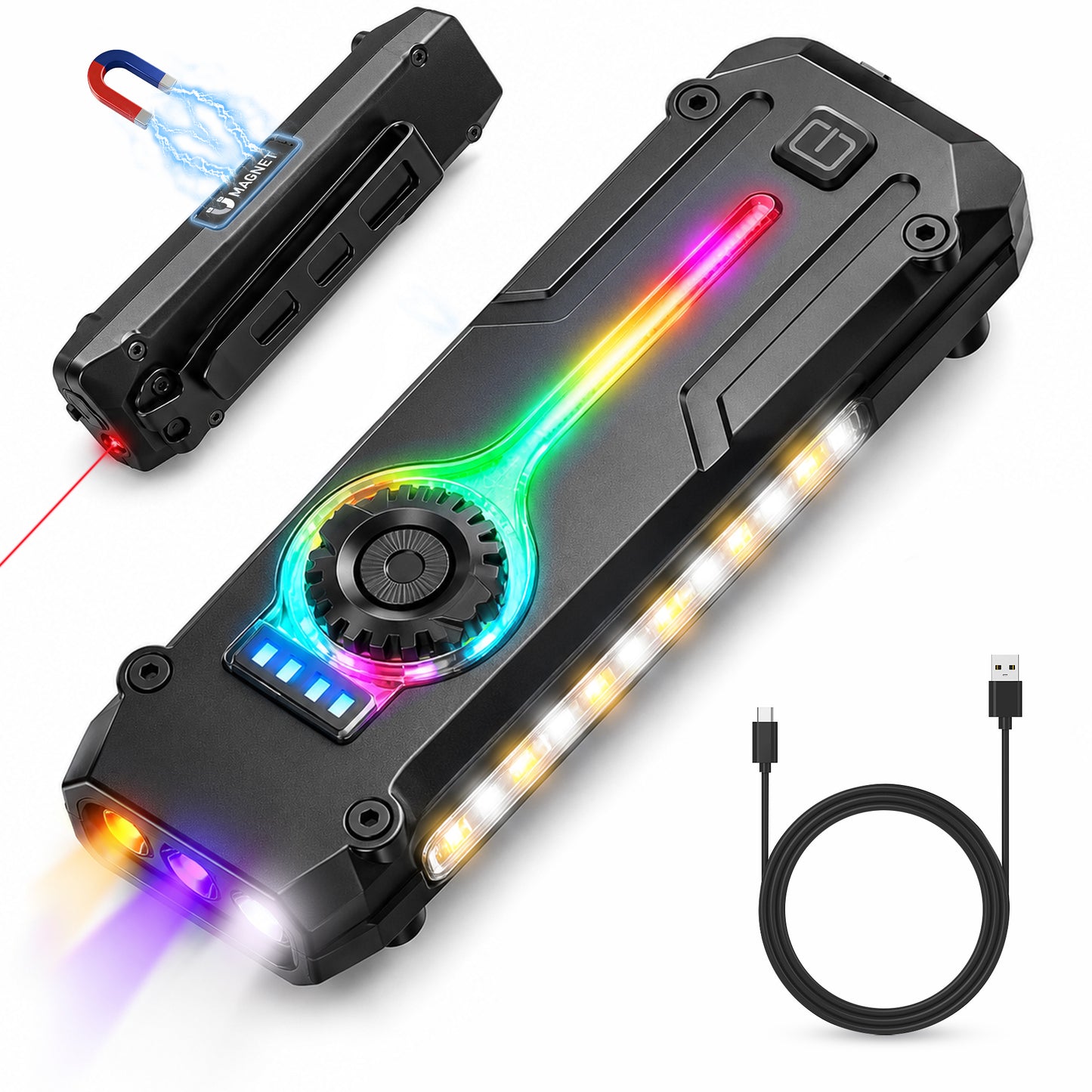 1800 Lumen EDC Rechargeable Flashlight, Stainless Steel Work light, UV & RGB Light, Stepless Dimming + Magnetic Base & Clip Waterproof Pocket Light for Camping, Repair, Emergency