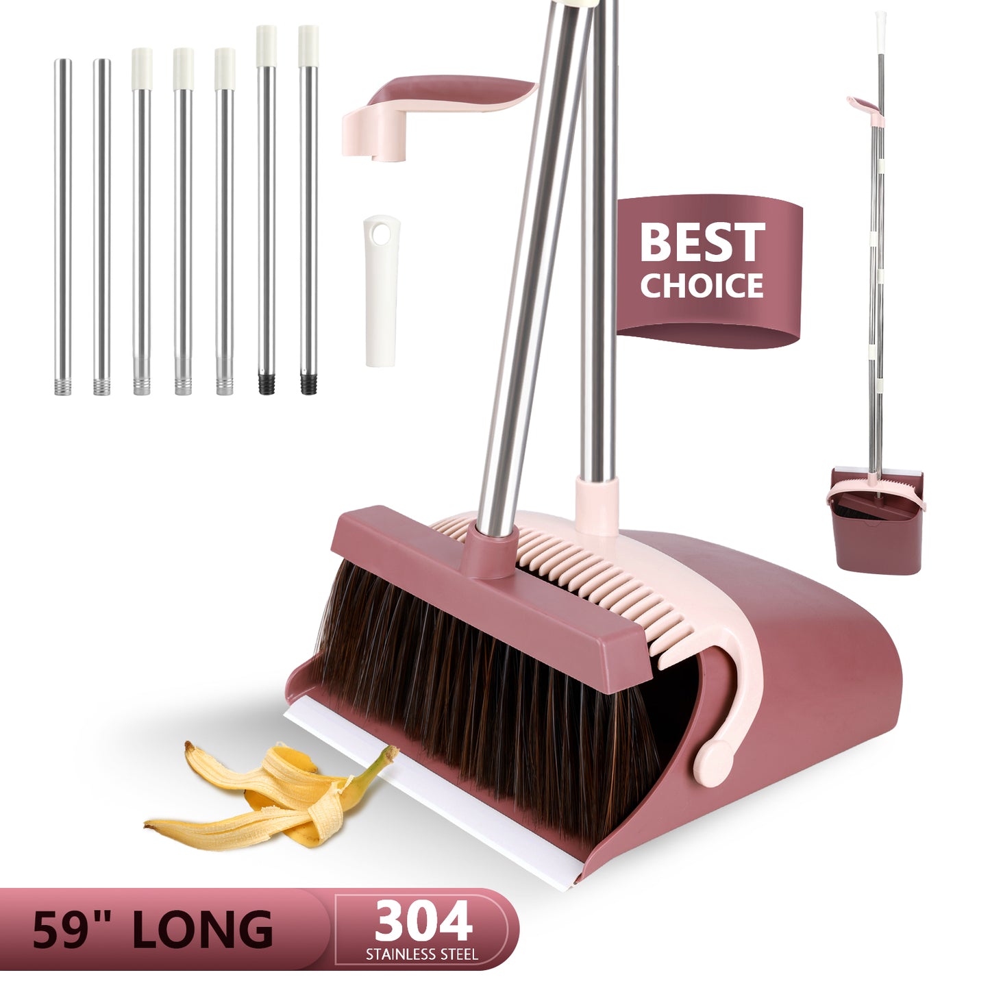 Broom with Dustpan Combo Set, 59" Long Adjustable Handle Broom Dustpan Combo with Dustpan Teeth to Automatically Clean Hair Suitable for Home Kitchen Office Hall Floor