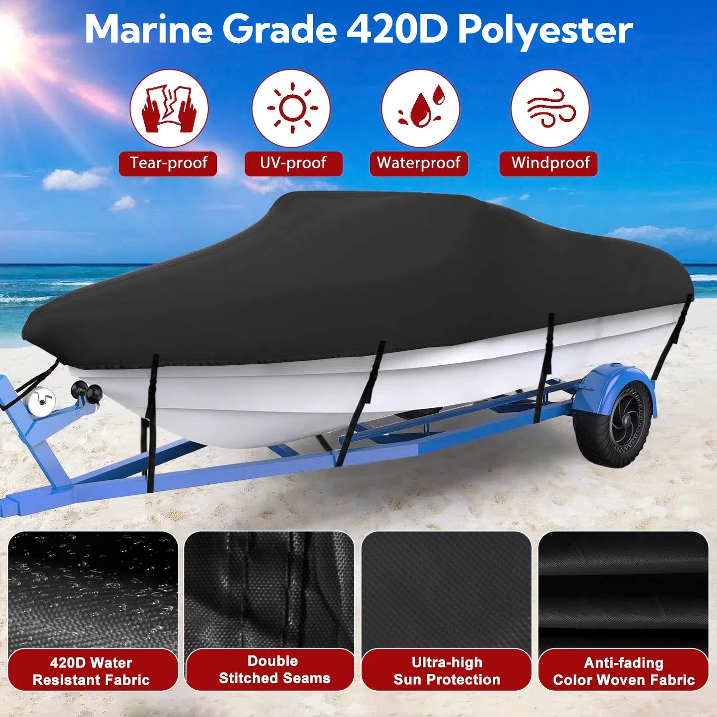 Teblint Waterproof Boat Cover, 20-22ft Trailerable Boat Cover, 420D Heavy Duty Oxford Mooring Cover for V-Hull Boat Runabouts with 5 Straps, Storage Bag (Black)