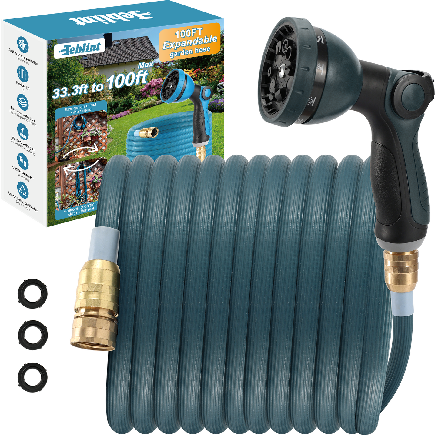 Teblint Expandable Garden Hose 75ft, 2025 New 3X Expandable Hose, Retractable Flexible Water Hose, 10 Pattern Spray Nozzle, Leakproof 3/4" Solid Brass Fittings, Lightweight & No-Kink(Green)