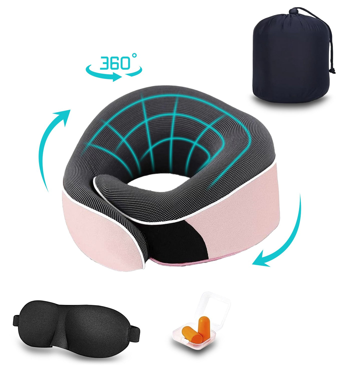 Travel Pillow, Memory Foam Travel Neck Pillow, Adjustable 360° Ergonomic Support Function for Travel with Pillow, Mask, Earplugs, Storage Bag