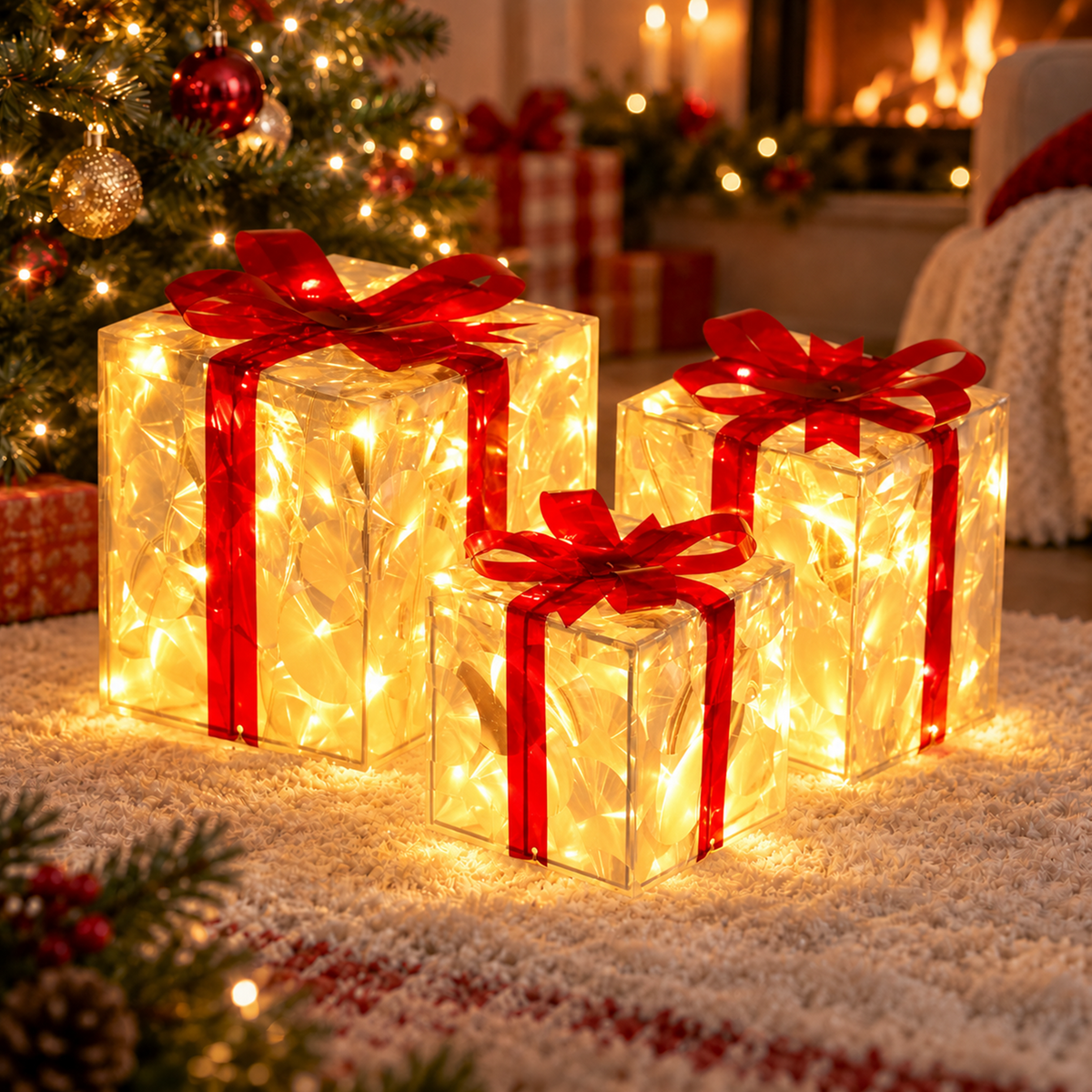 Christmas Lighted Gift Boxes, Set of 3 Battery-Powered Present Boxes with 50 Warm White LEDs, 3 Sizes for Tree, Mantel, Porch Holiday Decor
