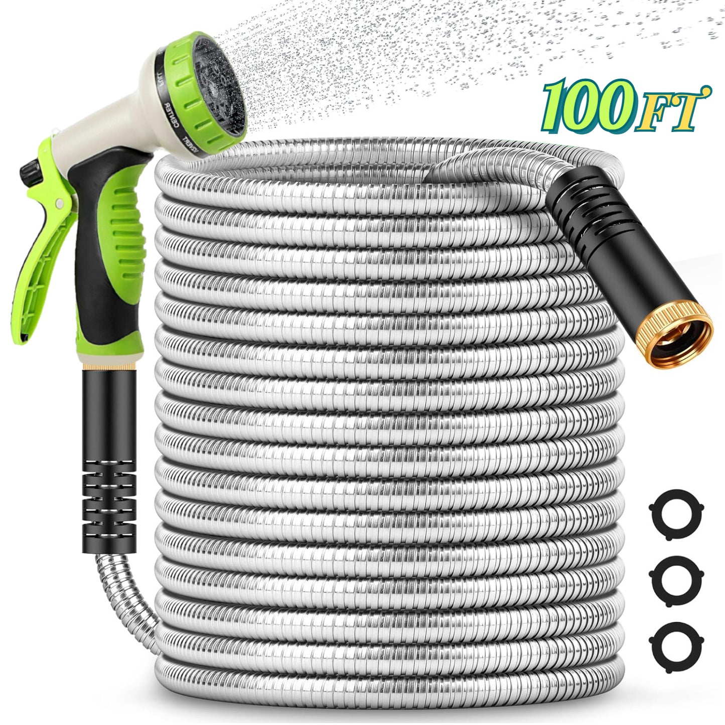 Teblint Metal Garden Hose 100ft, 304 Stainless Steel Garden Hose, Heavy Duty Water Hoses with 10 Function Hose Nozzle, Flexible, No Kink & Tangle, Puncture Proof Hose for Yard, Outdoors, Rv