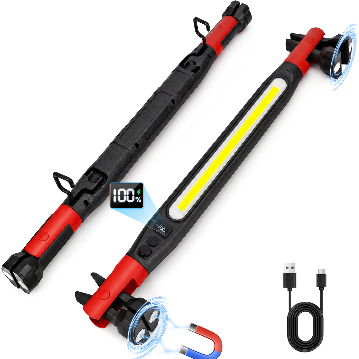 Teblint 3000LM Magnetic Under Hood Work Light, Rechargeable LED Mechanic Light Bar with Digital Display, Magnetic/Hook/Clip Mounting for Car Repair, Garage, Camping, Emergency(1pc Red)