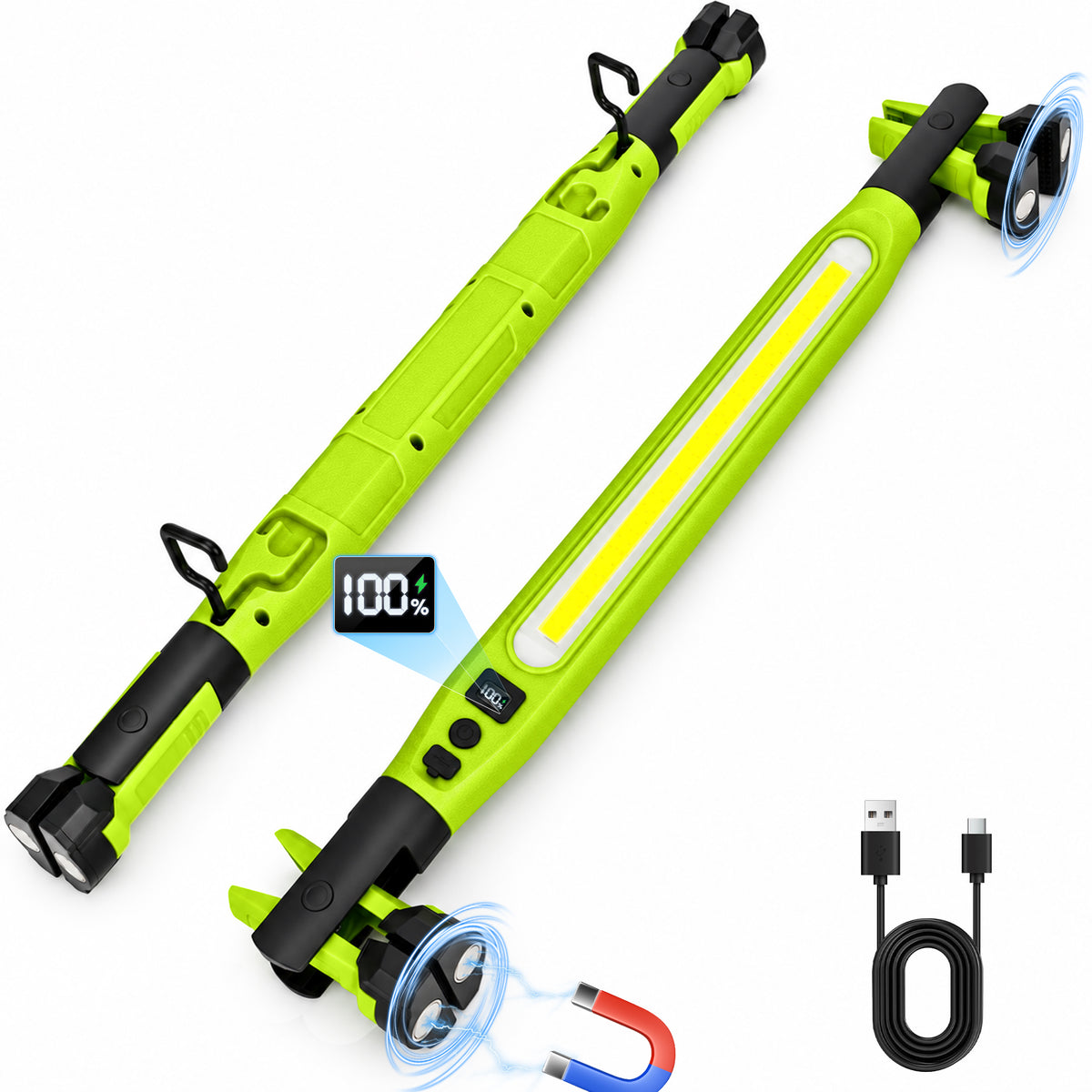 Teblint 3000LM Magnetic Under Hood Work Light, Rechargeable LED Mechanic Light Bar with Digital Display, Magnetic/Hook/Clip Mounting for Car Repair, Garage, Camping, Emergency(1pc Green)