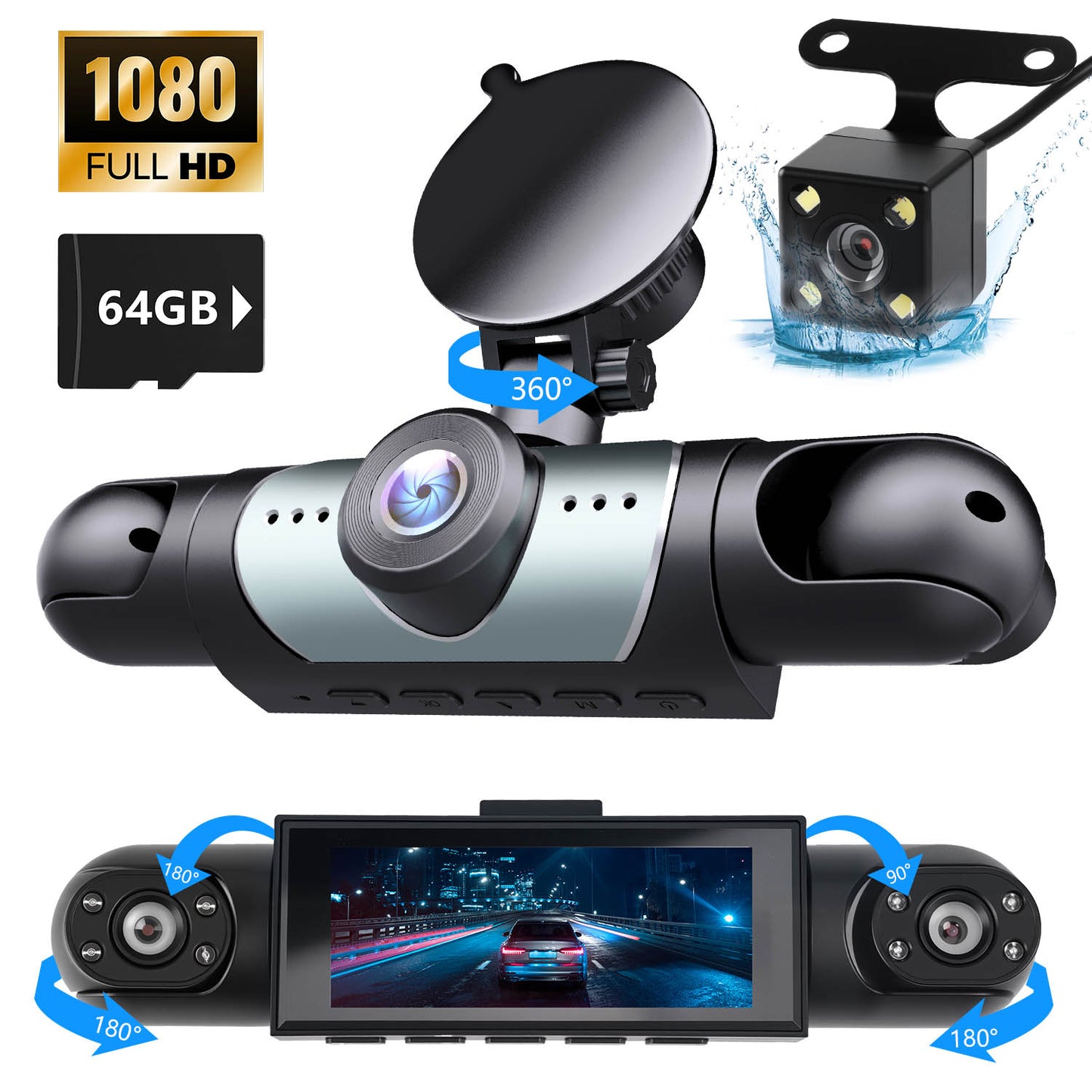 3 Channel Dash Cam 1080P Front Inside and Rear, Triple Car Camera with Night Vision, HDR, G-Sensor, Loop Recording, 24Hr Parking Mode