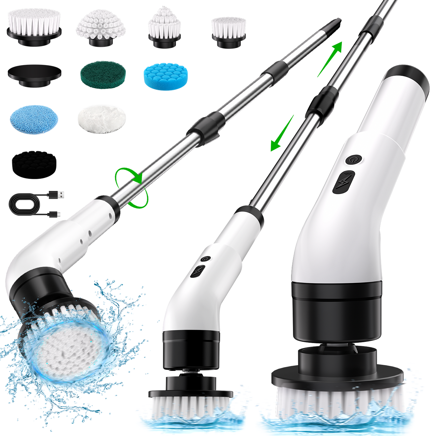 Electric Spin Scrubber, Cordless Bath Tub Power Scrubber with Long Handle & 9 Replaceable Heads, Detachable as Short Handle, Shower Cleaning Scrubber for Tub Floor Tile, Sink, Window, Floor, Car