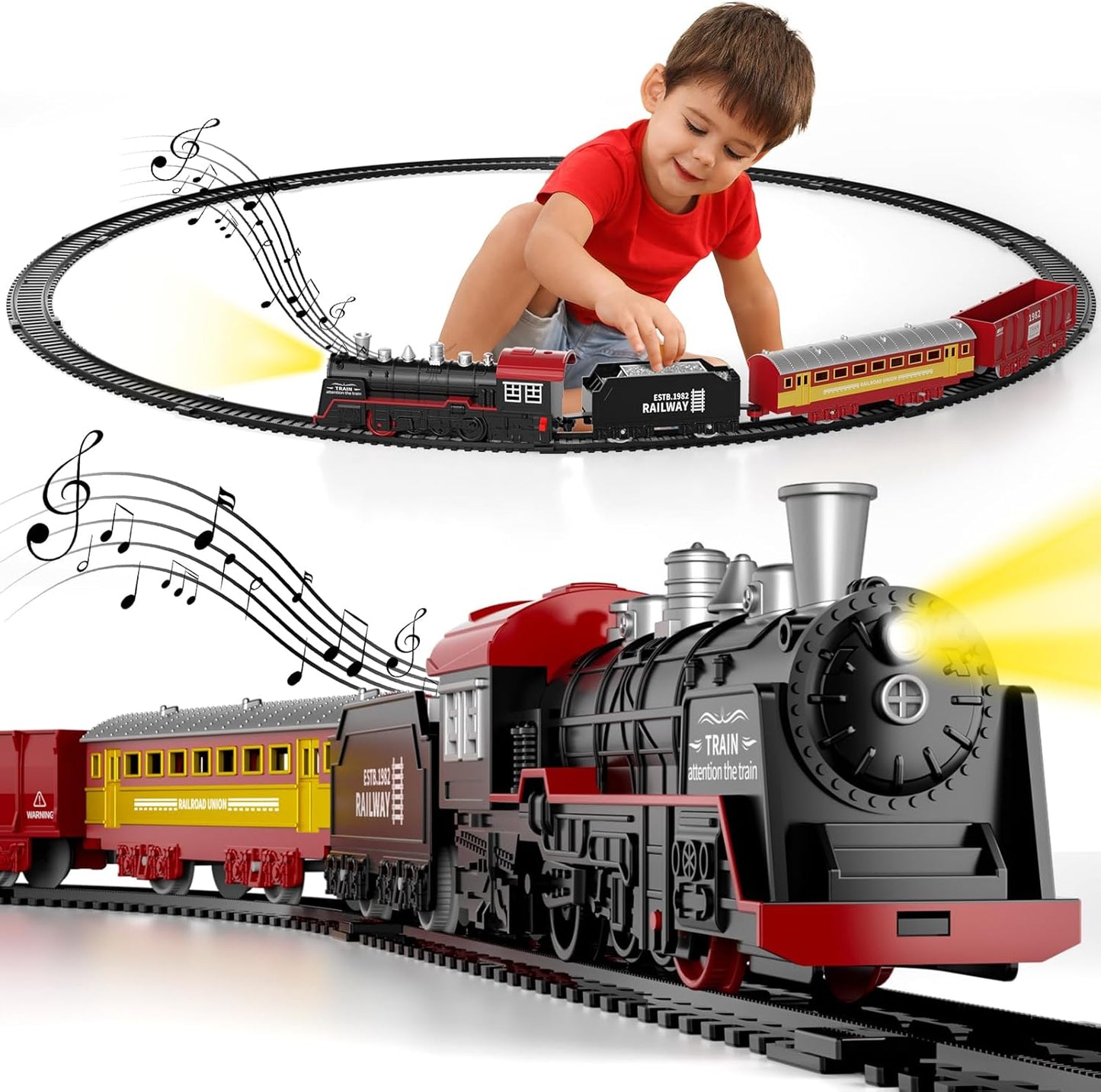 Teblint Classic Model Train Set w/ Light & Sound, Christmas Train Toy with Locomotive, Cargo Cars & Tracks, Birthday Gift for Boys and Girls