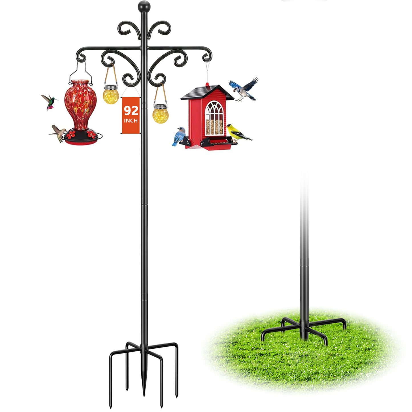 Teblint 92" Heavy Duty Shepherds Hooks for Outdoor, Multi-hook Adjustable Bird Feeder Pole with 5-Prong Base, Garden Hanger Stand for Bird Feeders, Hanging Plants, Solar Lights & Lanterns