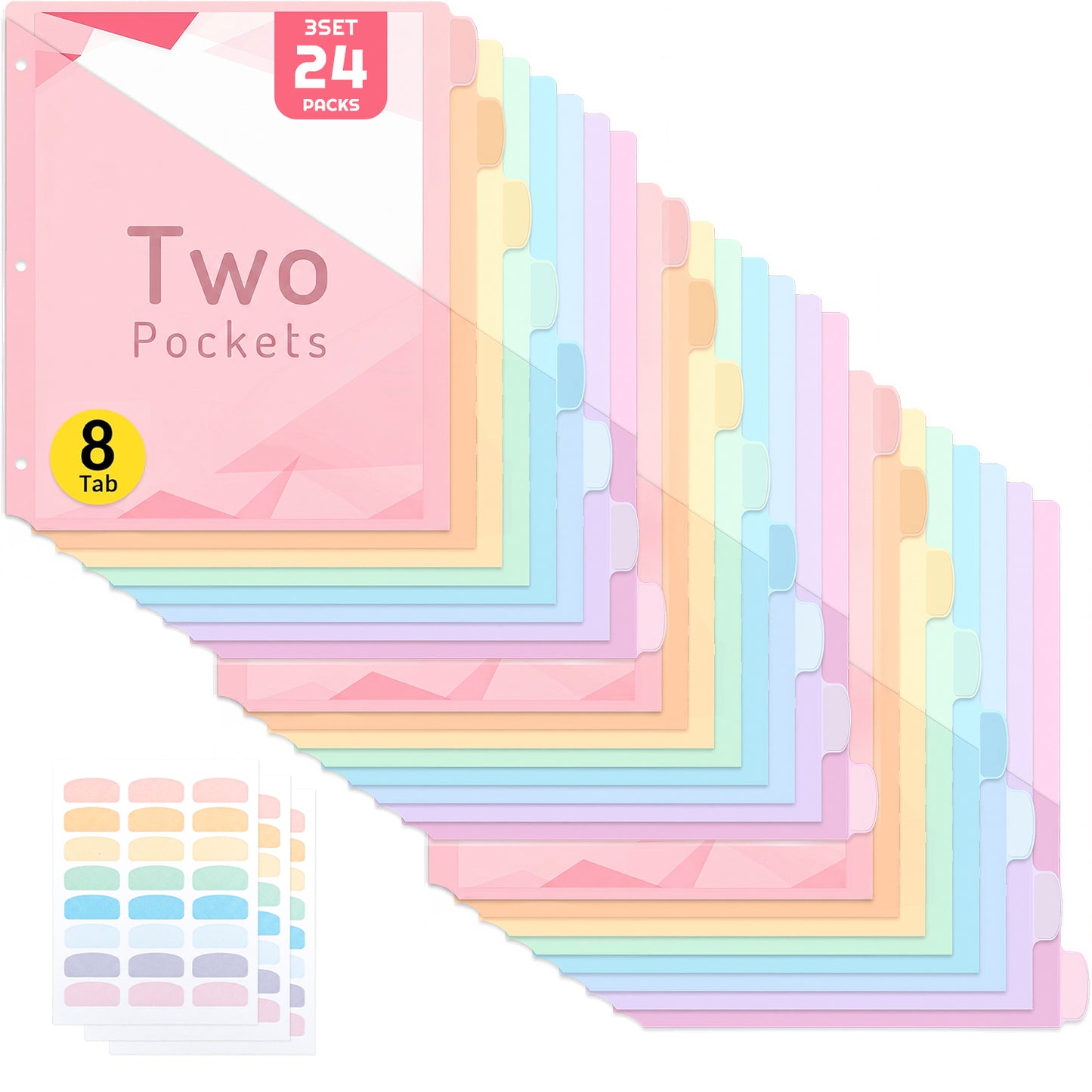 Dual-Pocket Binder Dividers 24 Pack, 8 Pastel Colors with Tabs, Letter Size Plastic 3 Ring Index Dividers