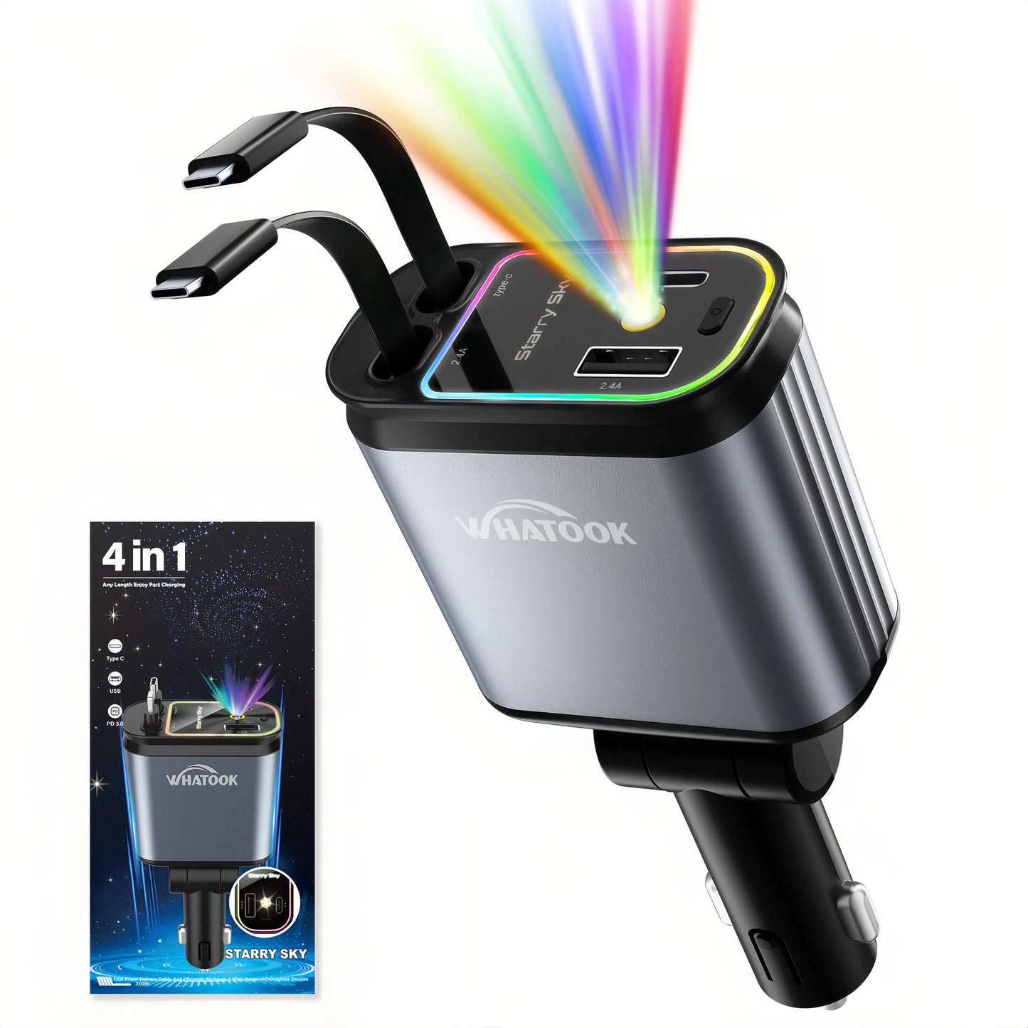 Teblint 4 in 1 Retractable Car Charger with Starlight, 66W Dual Type-C Car Charger Adapter, Fast Charging Cars Phone Chargers for iPhone 17/16/15/14/13/12, Galaxy, iPad