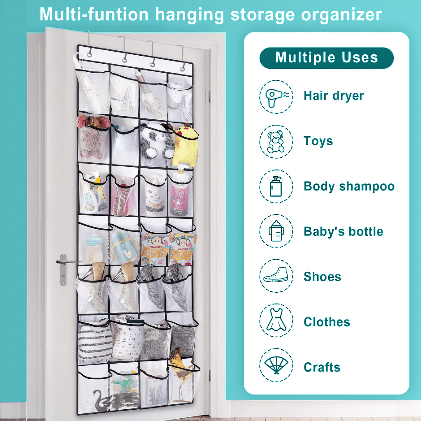 SPORTS JOY Over The Door Shoe Organizer, 28 Mesh Pockets, Holds Up to 50 lbs, Anti-scratch Heavy-duty Hooks, Shoe Storage (White)