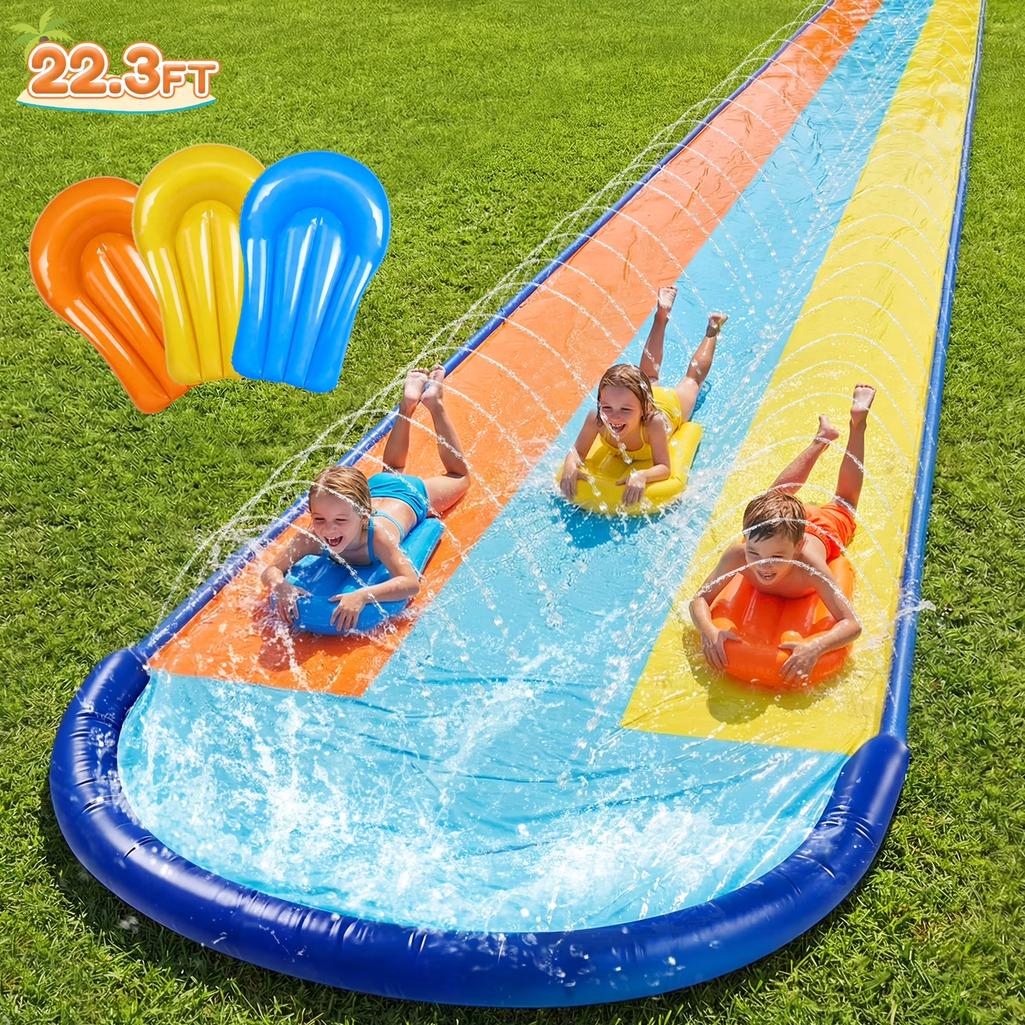 Teblint 22.3FT Triple Lawn Water Slides, Heavy Duty Water Slip Splash Pad with Built in Sprinkler & 3 Bodyboards for Backyard Outdoor Water Fun Toys for Kids Adults