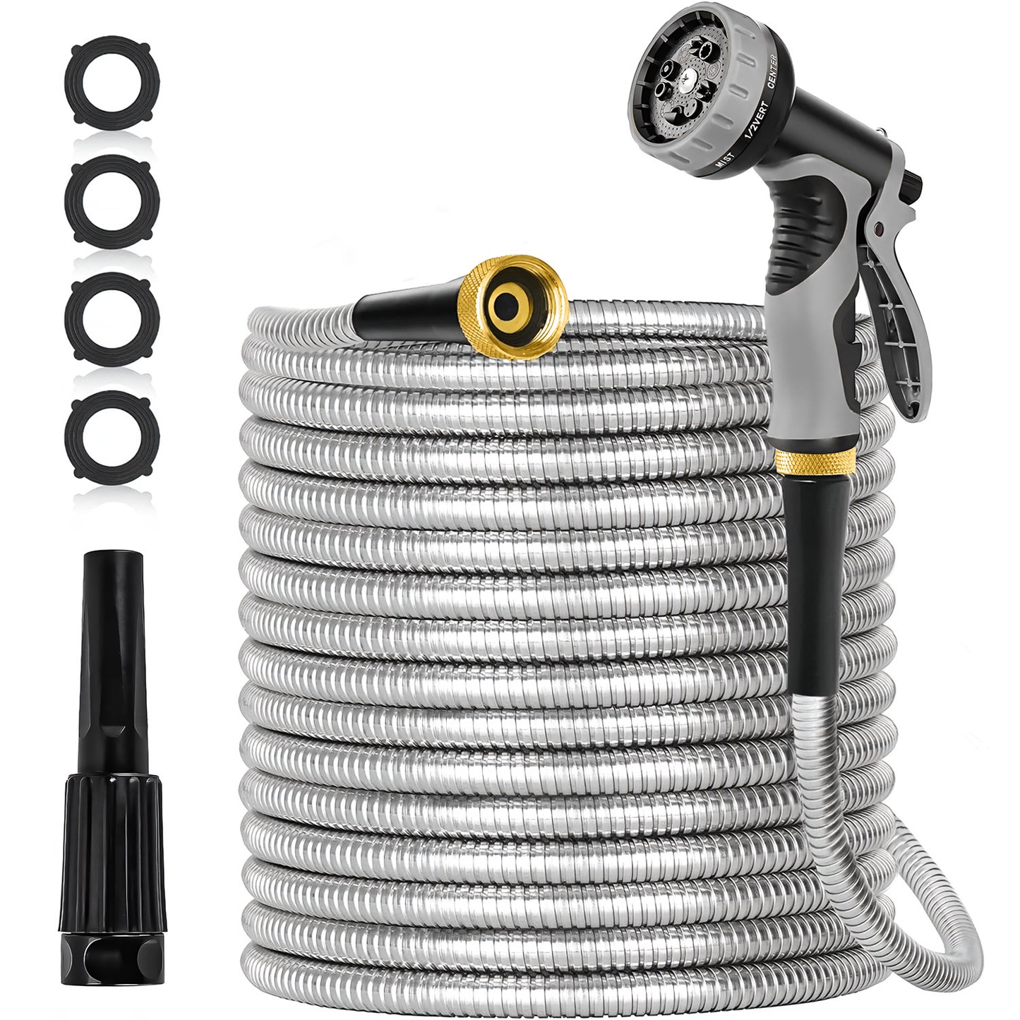 Teblint Metal Garden Hose, 3/4 inch x 50ft Stainless Steel Water Hose with 2 Spray Nozzles, Flexible, No Kink & Tangle, Leak & Puncture Proof