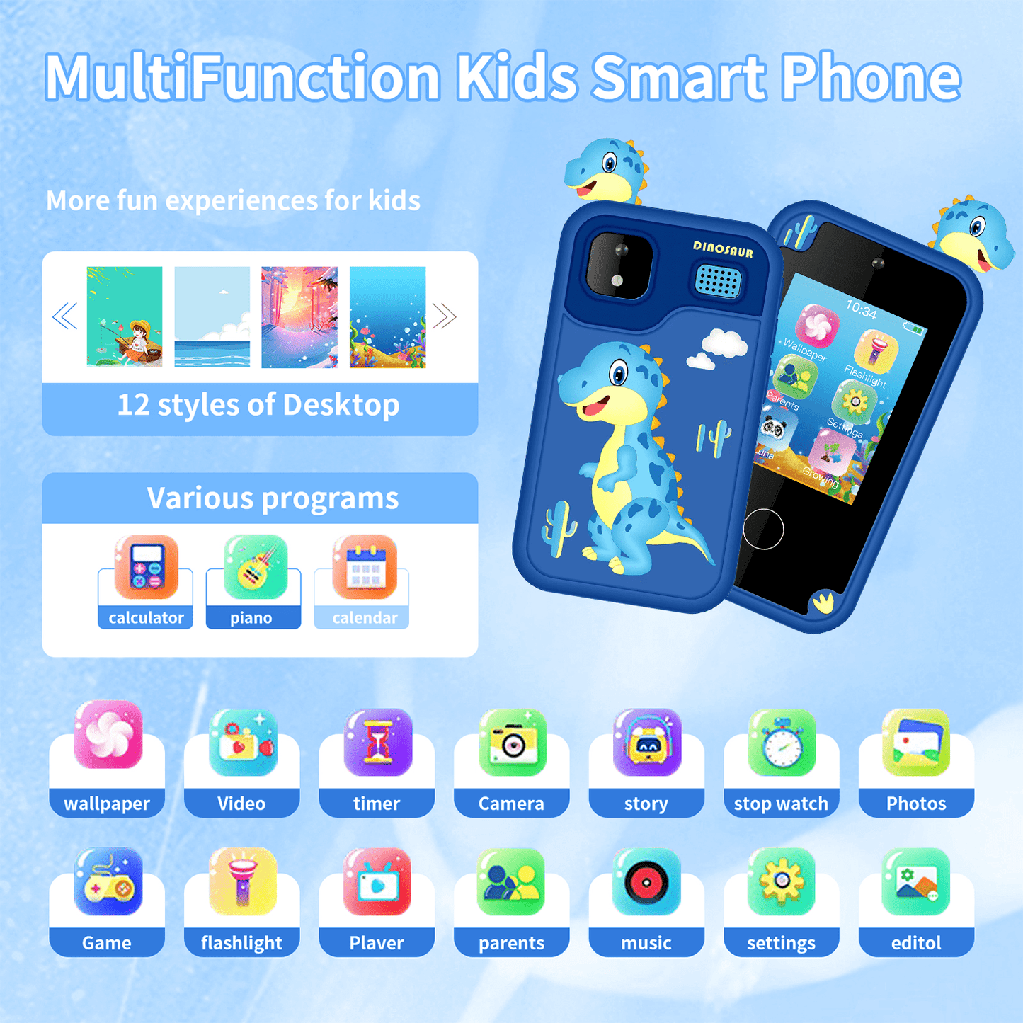 WHATOOK Kids Smart Phone Toys, Touchscreen HD Dual Camera Cell Phone for Kids, Christmas Birthday Gifts Dinosaur Toddler Play Phone for Boys 3-10, Travel Toy Preschool Learning Toy for Kids Blue