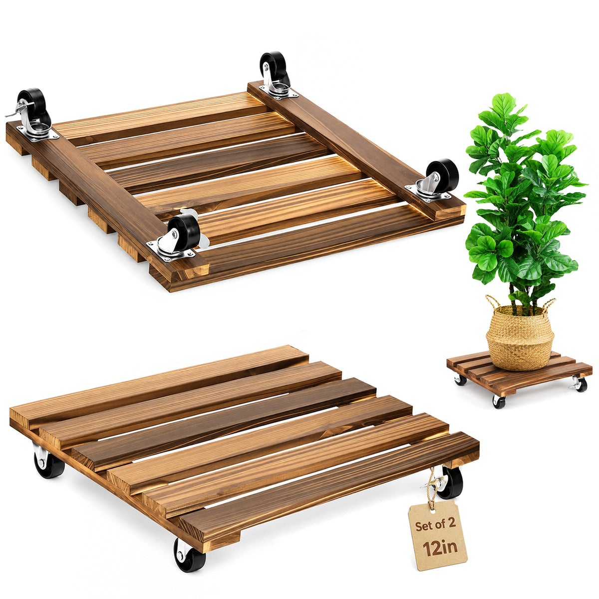2-Pack Plant Caddy 12 Inch Square Rolling Plant Stand Wood Plant Dolly with Wheels, 200 lb Capacity, Indoor Outdoor for Large Potted Plants Heavy Duty Plant Roller