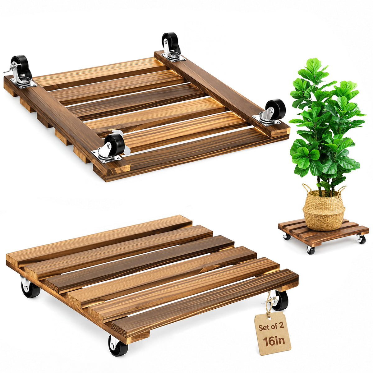 2-Pack Plant Caddy 16 Inch Square Rolling Plant Stand Wood Plant Dolly with Wheels, 220 lb Capacity, Indoor Outdoor for Large Potted Plants Heavy Duty Plant Roller