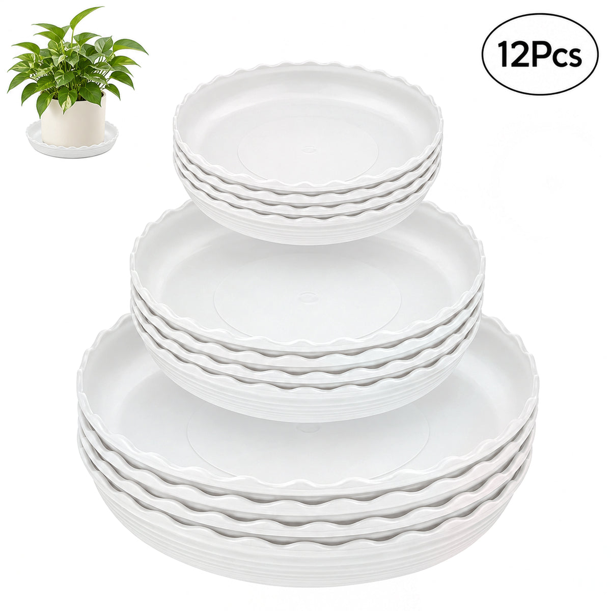 12 Packs Wave Plant Saucer - Plastic Flower Pot Drip Trays/Durable Heavy Duty White Plant Tray for Indoor and Out Door Plant(6/8/10 inch)