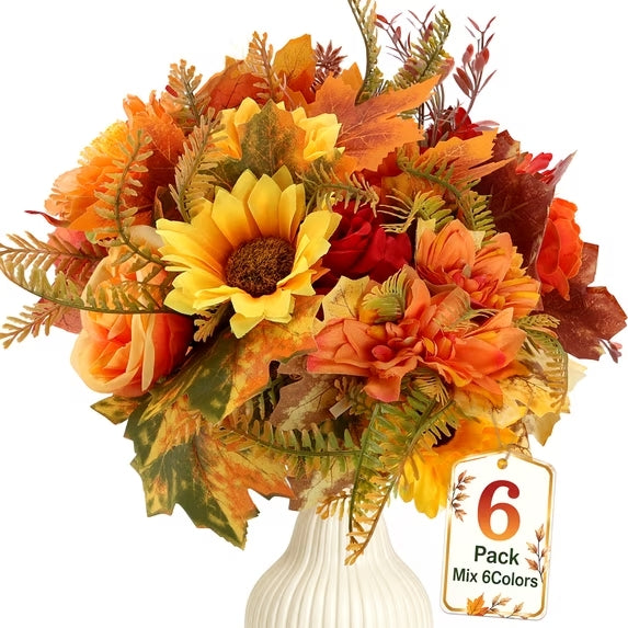 6 Pcs Fall Faux Flower Bouquet with Sunflowers, Maple Leaves, Roses & Chrysanthemums ā 35cm/13.78in Artificial Autumn Floral for Thanksgiving, Halloween, Table Vase Centerpiece Wreath Home Decor