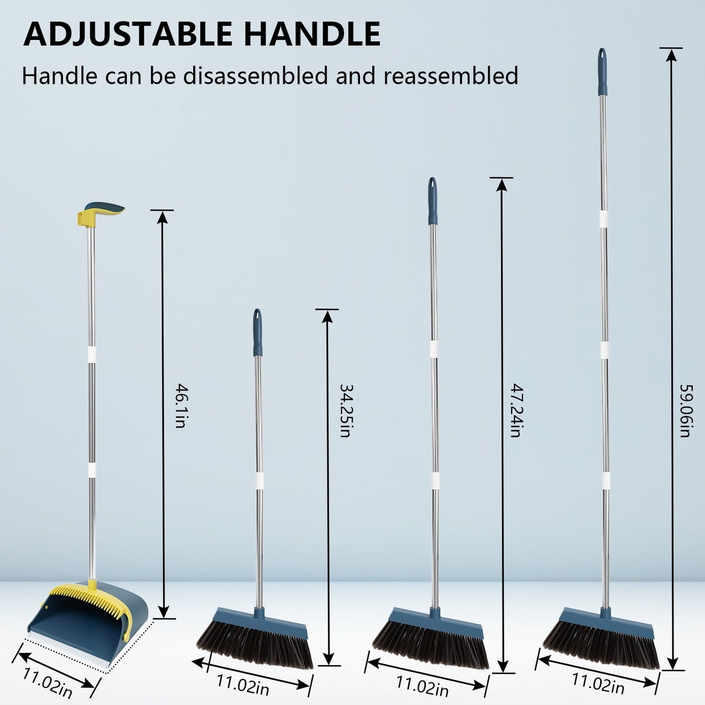 Broom and Dustpan Set, Adjustable Handle, Self-Cleaning Teeth, Space-Saving for Home, Kitchen, Office (Blue)