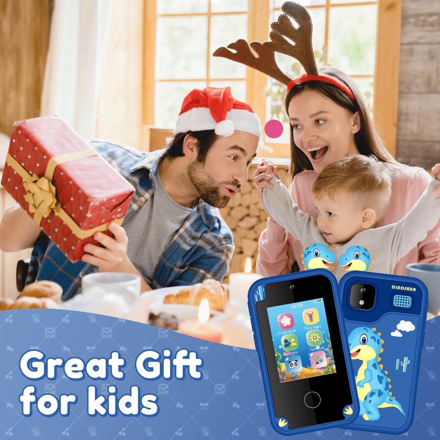 WHATOOK Kids Smart Phone Toys, Touchscreen HD Dual Camera Cell Phone for Kids, Christmas Birthday Gifts Dinosaur Toddler Play Phone for Boys 3-10, Travel Toy Preschool Learning Toy for Kids Blue
