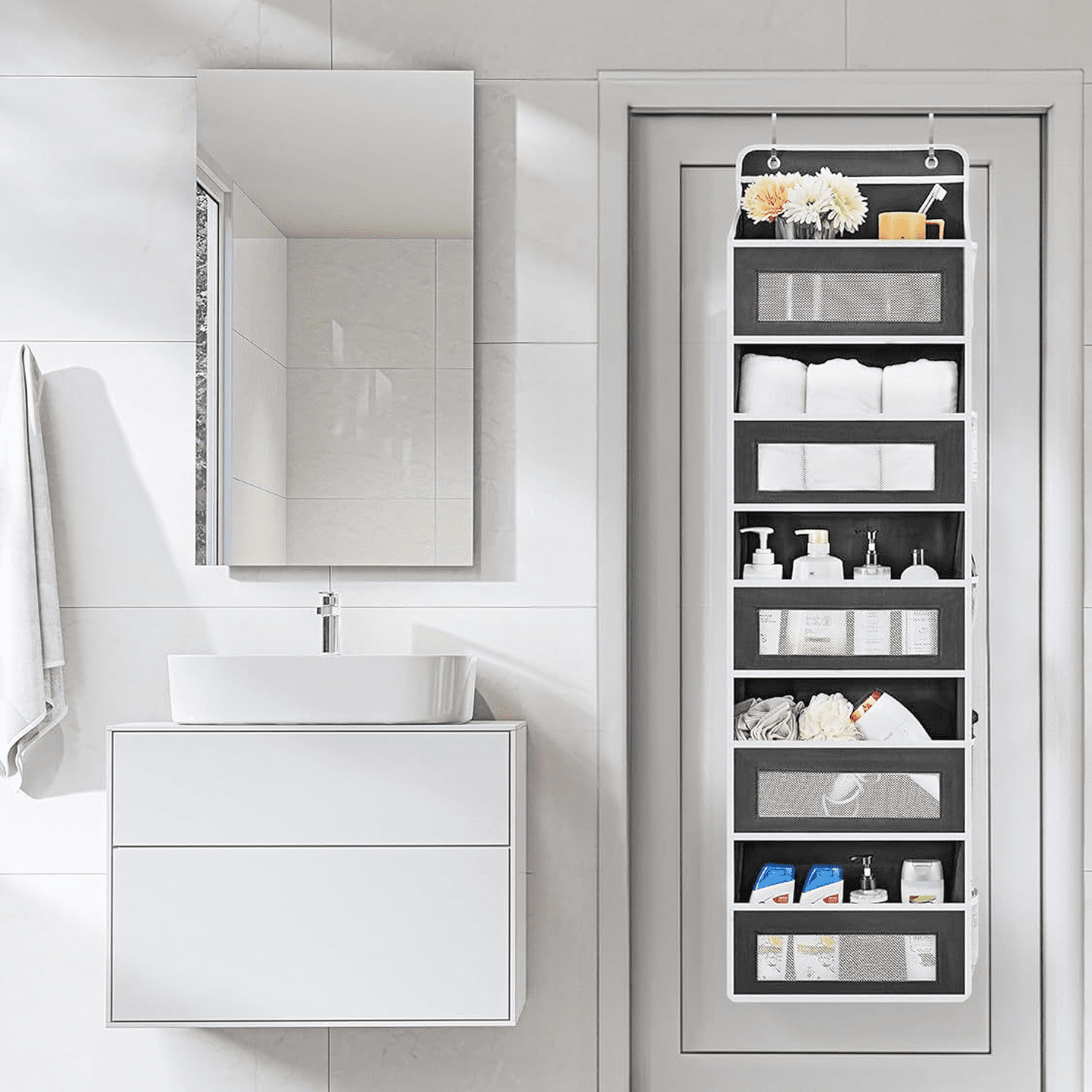 SPORTS JOY 5 Shelf Over The Door Storage with 5 Side Pockets, Anti Tilt 50lbs Load Behind Door Organizer, Hanging Closet Clear Window Storage Bag for Bedroom, Bathroom, Pantry, Kitchen (Gray)