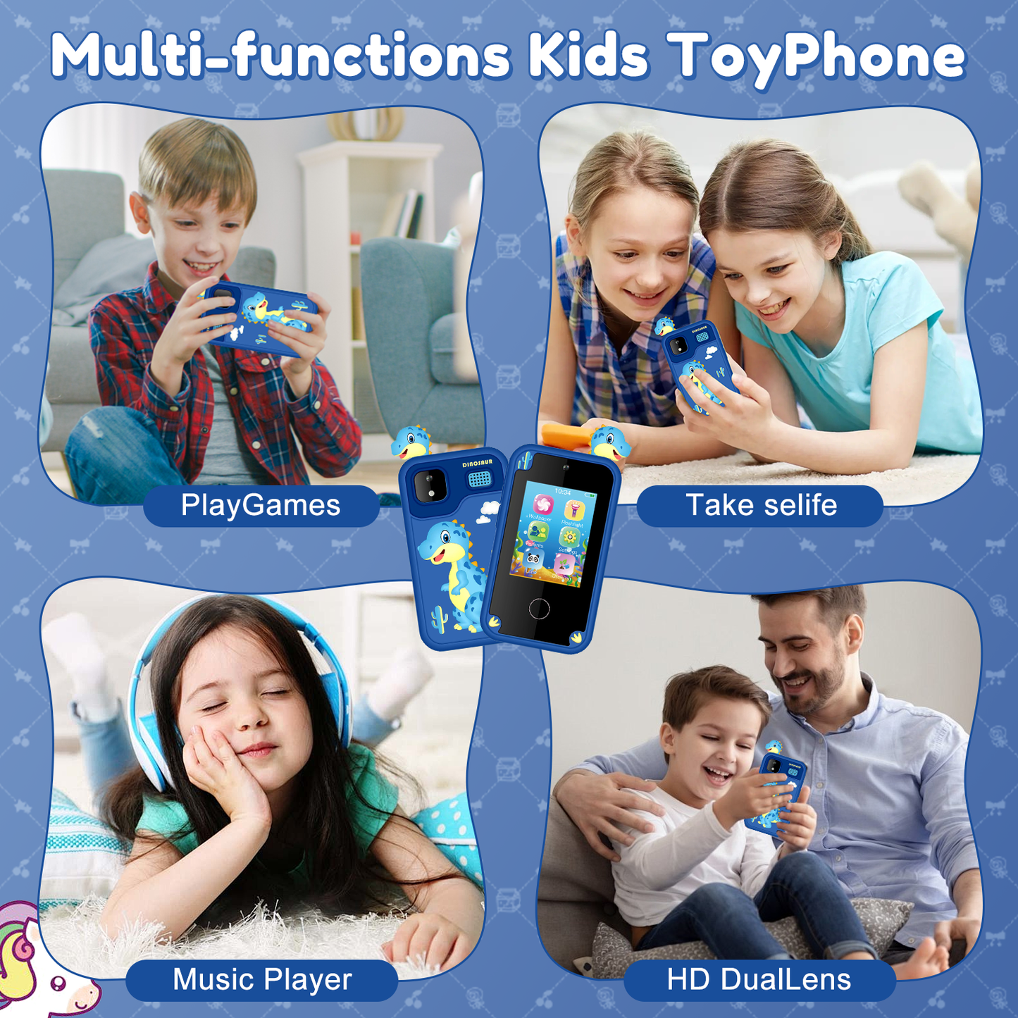 WHATOOK Kids Smart Phone Toys, Touchscreen HD Dual Camera Cell Phone for Kids, Christmas Birthday Gifts Dinosaur Toddler Play Phone for Boys 3-10, Travel Toy Preschool Learning Toy for Kids Blue